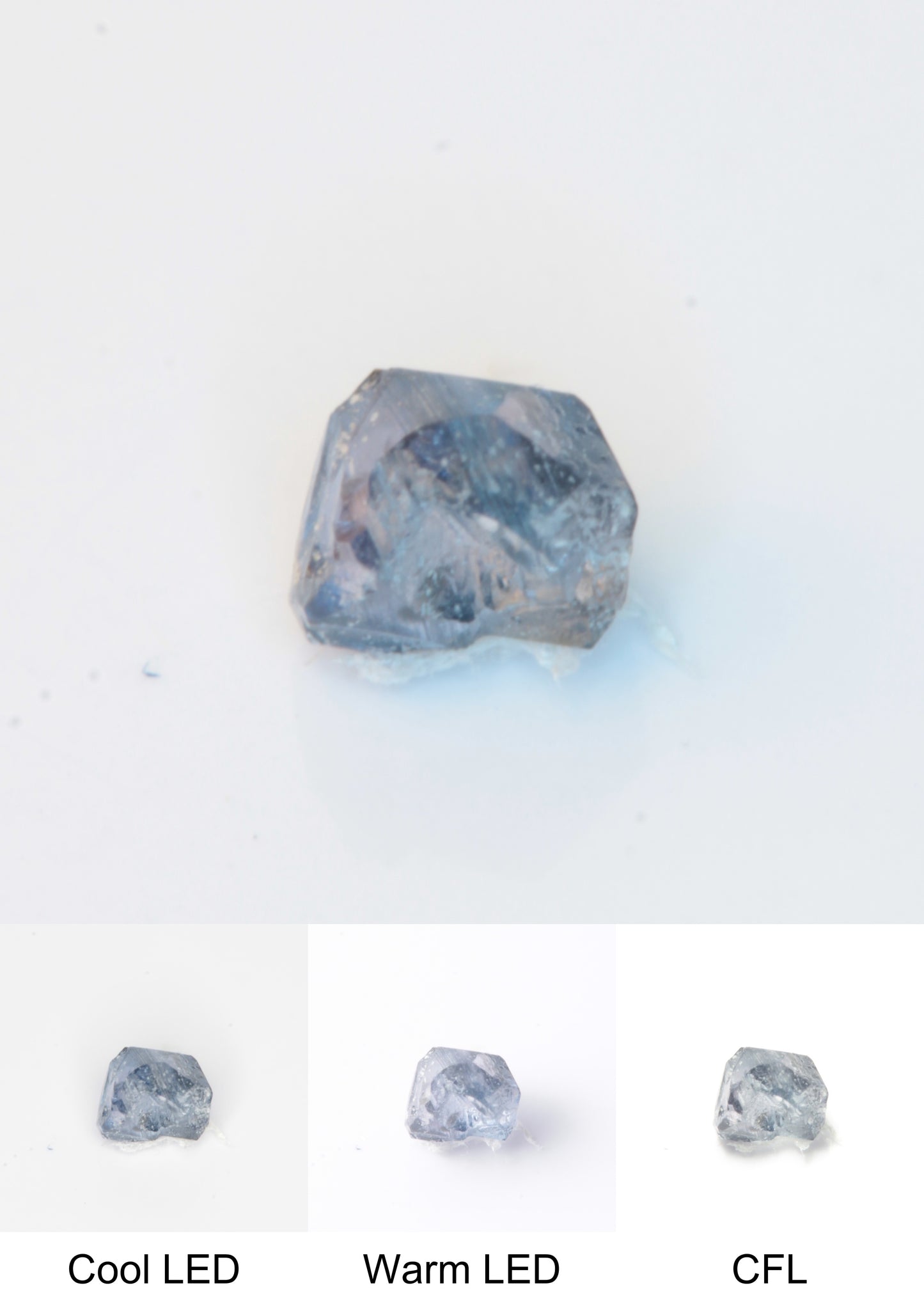Synthetic Flux Playbutton Sapphire Crystal Gemstone Grown by Gems of Science on a white background showing color shift under different lighting