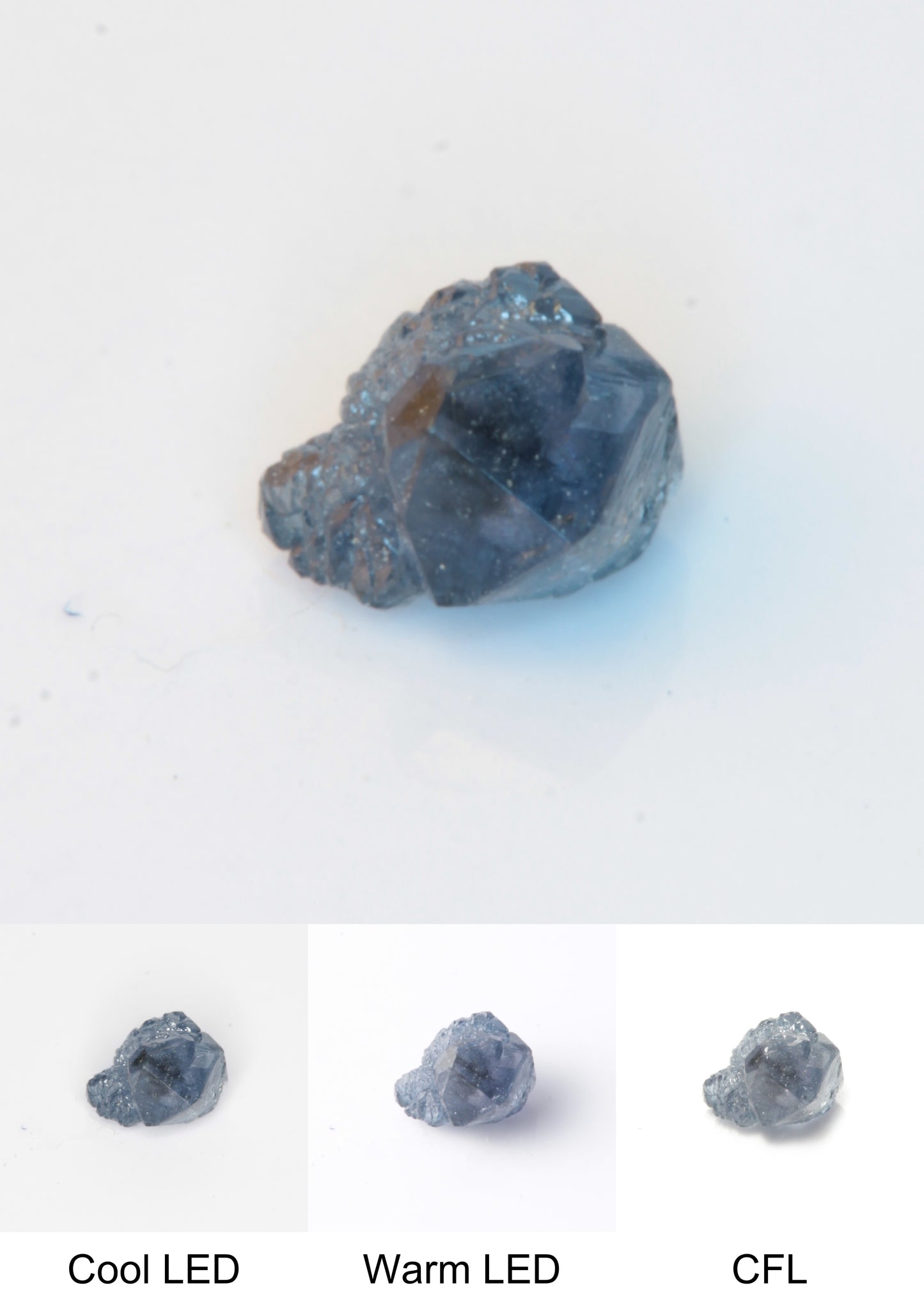 Synthetic Flux Playbutton Sapphire Gemstone Grown by Gems of Science on a white background showing color shift under different lighting
