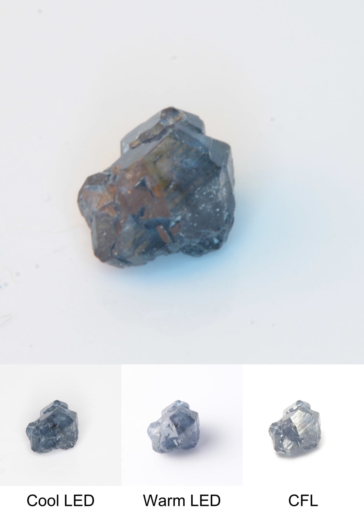Synthetic Flux Playbutton Sapphire Gemstone Grown by Gems of Science on a white background showing color shift under different lighting