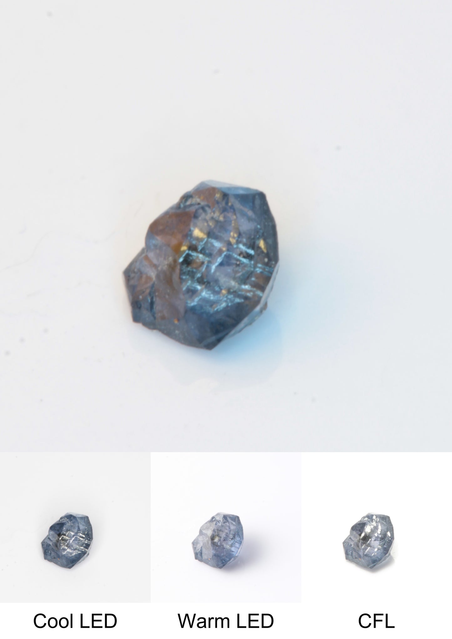 Synthetic Flux Playbutton Sapphire Gemstone Grown by Gems of Science on a white background showing color shift under different lighting