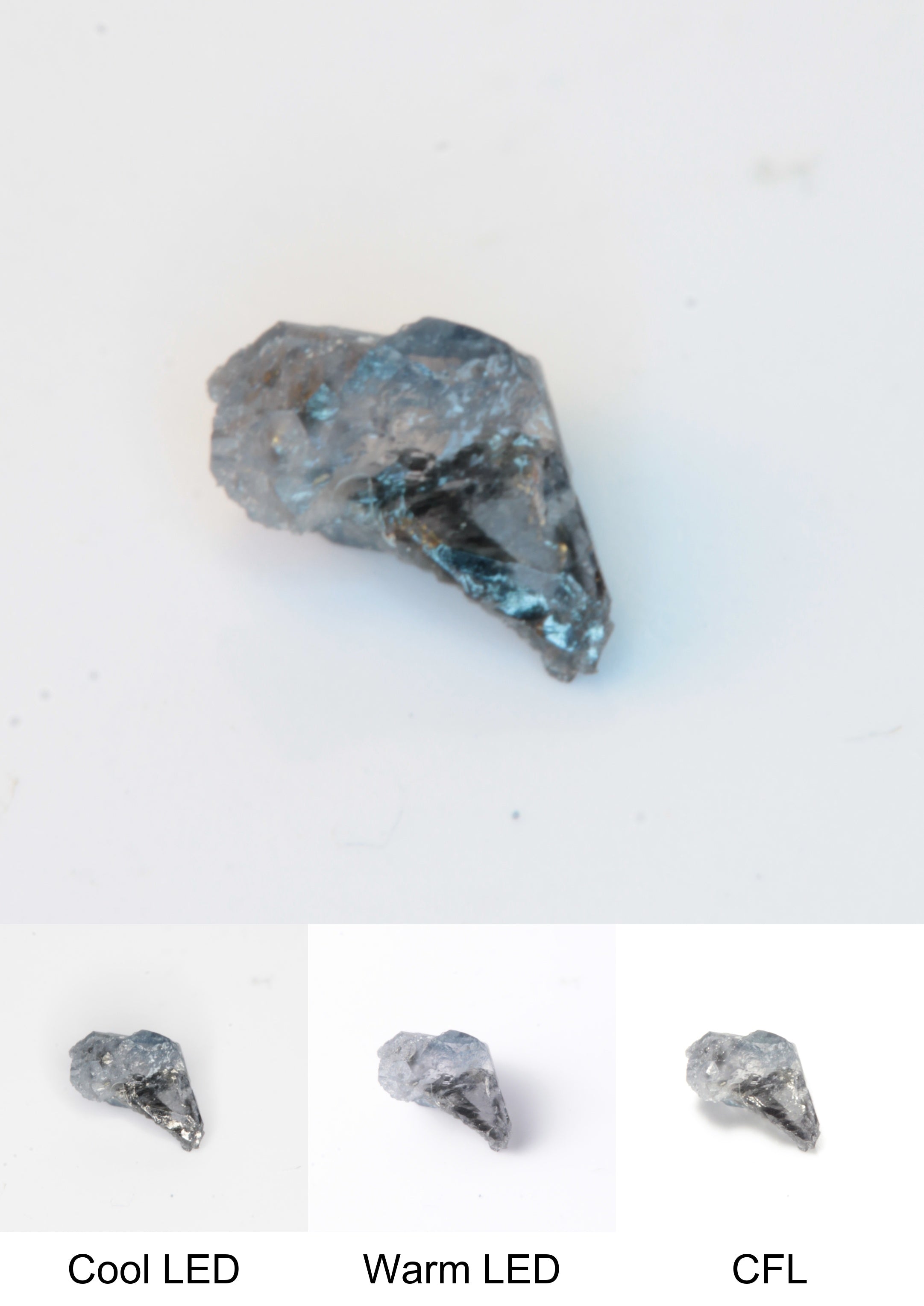 Synthetic Flux Playbutton Sapphire Cluster Gemstone Grown by Gems of Science on a white background showing color shift under different lighting