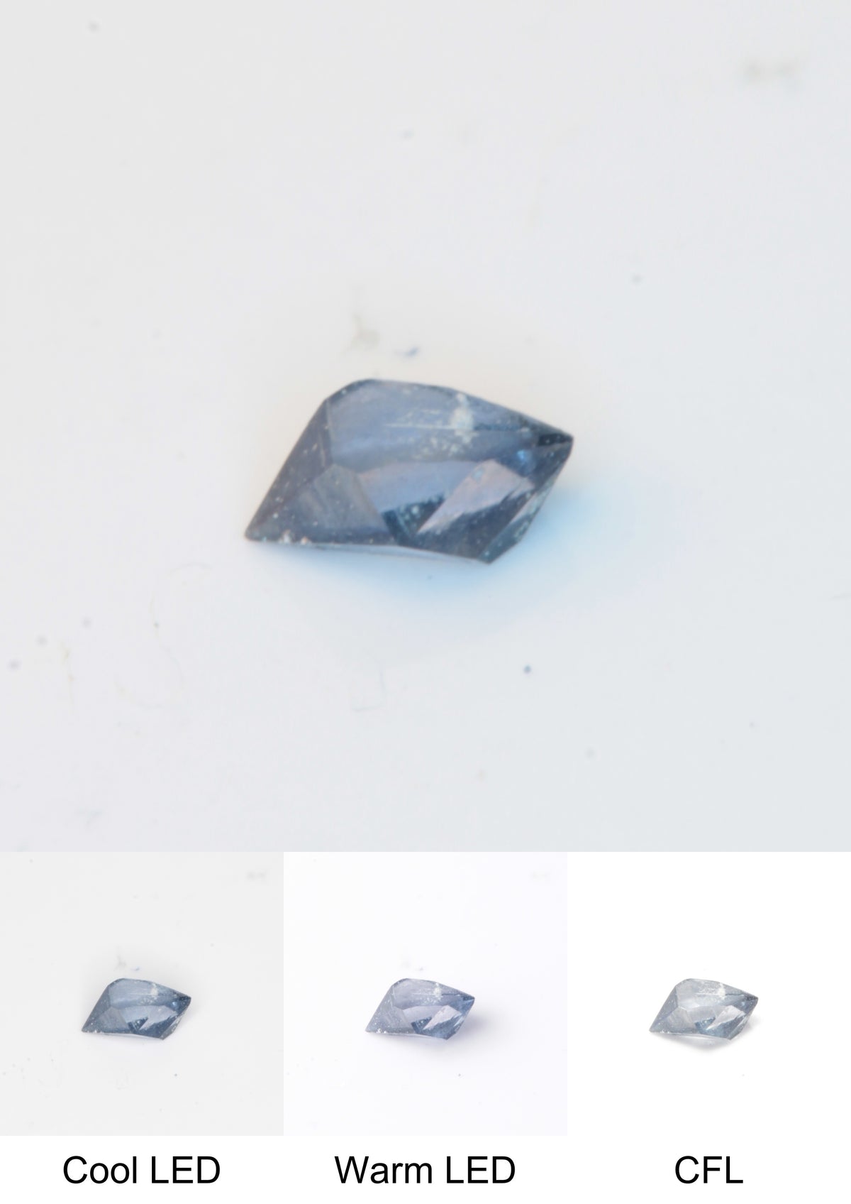 Synthetic Flux Playbutton Sapphire Crystal Gemstone Grown by Gems of Science on a white background showing color shift under different lighting