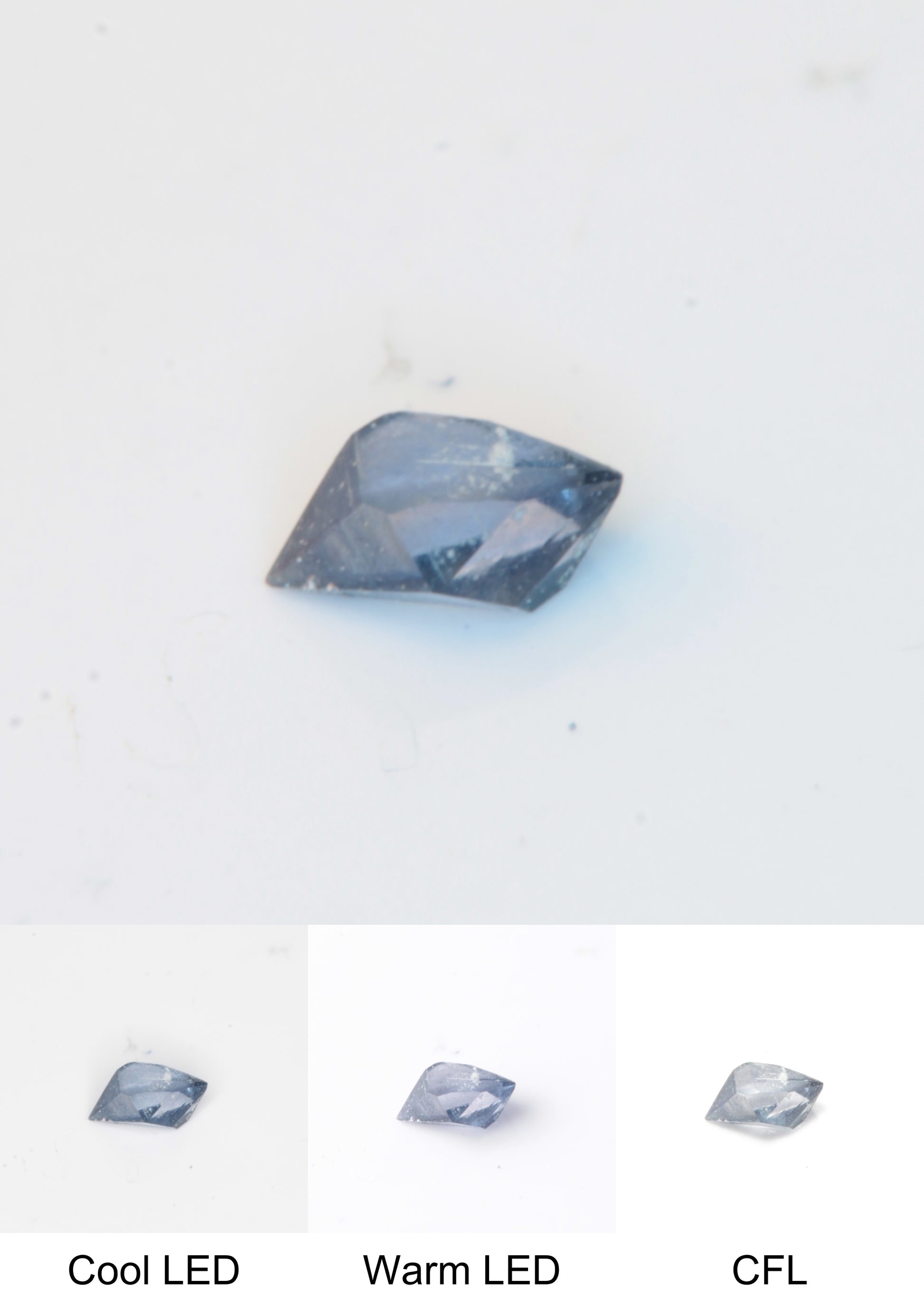Synthetic Flux Playbutton Sapphire Crystal Gemstone Grown by Gems of Science on a white background showing color shift under different lighting
