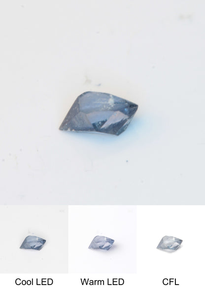 Synthetic Flux Playbutton Sapphire Crystal Gemstone Grown by Gems of Science on a white background showing color shift under different lighting