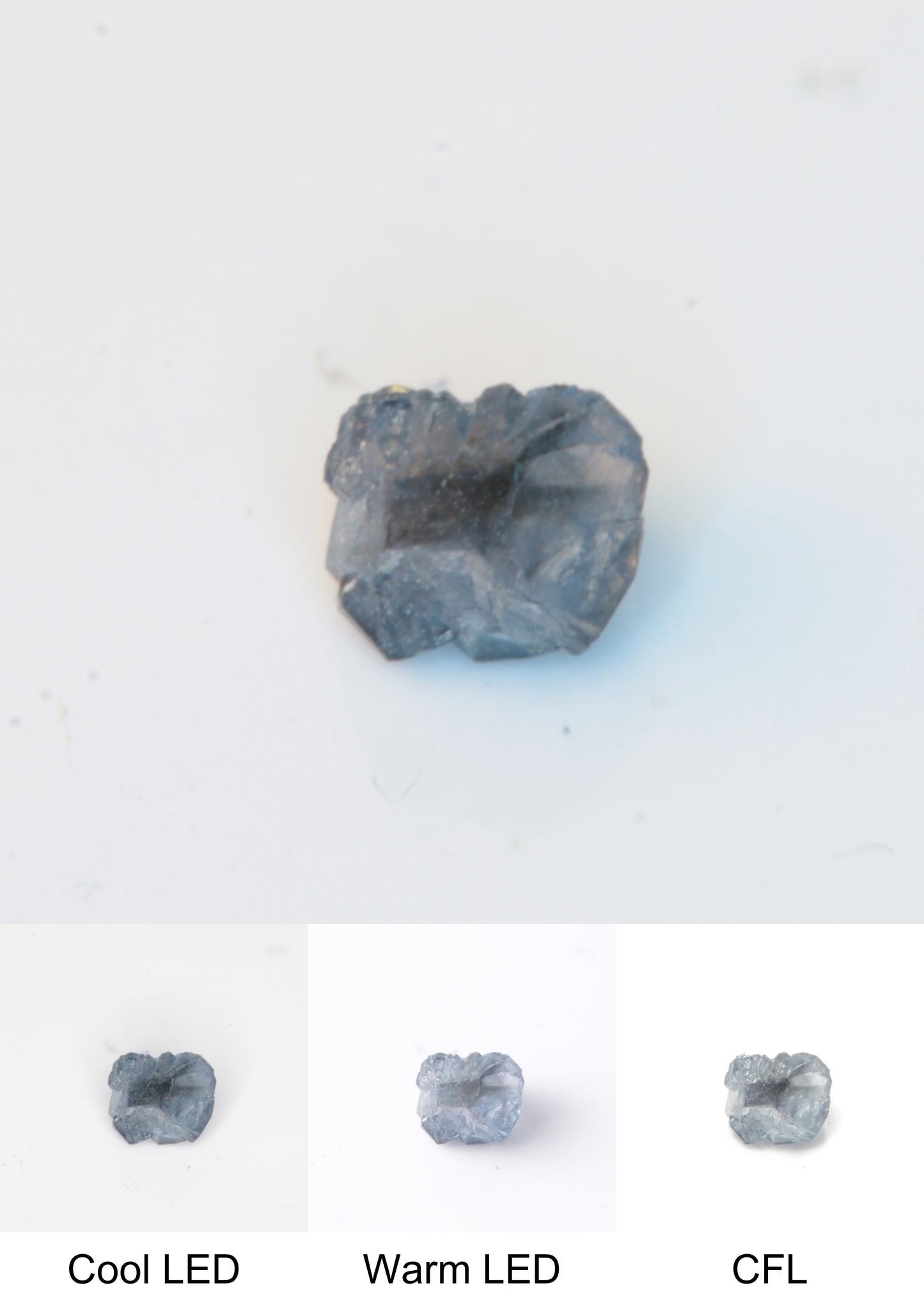 Synthetic Dark Core Flux Playbutton Sapphire Gemstone Grown by Gems of Science on a white background showing color shift under different lighting