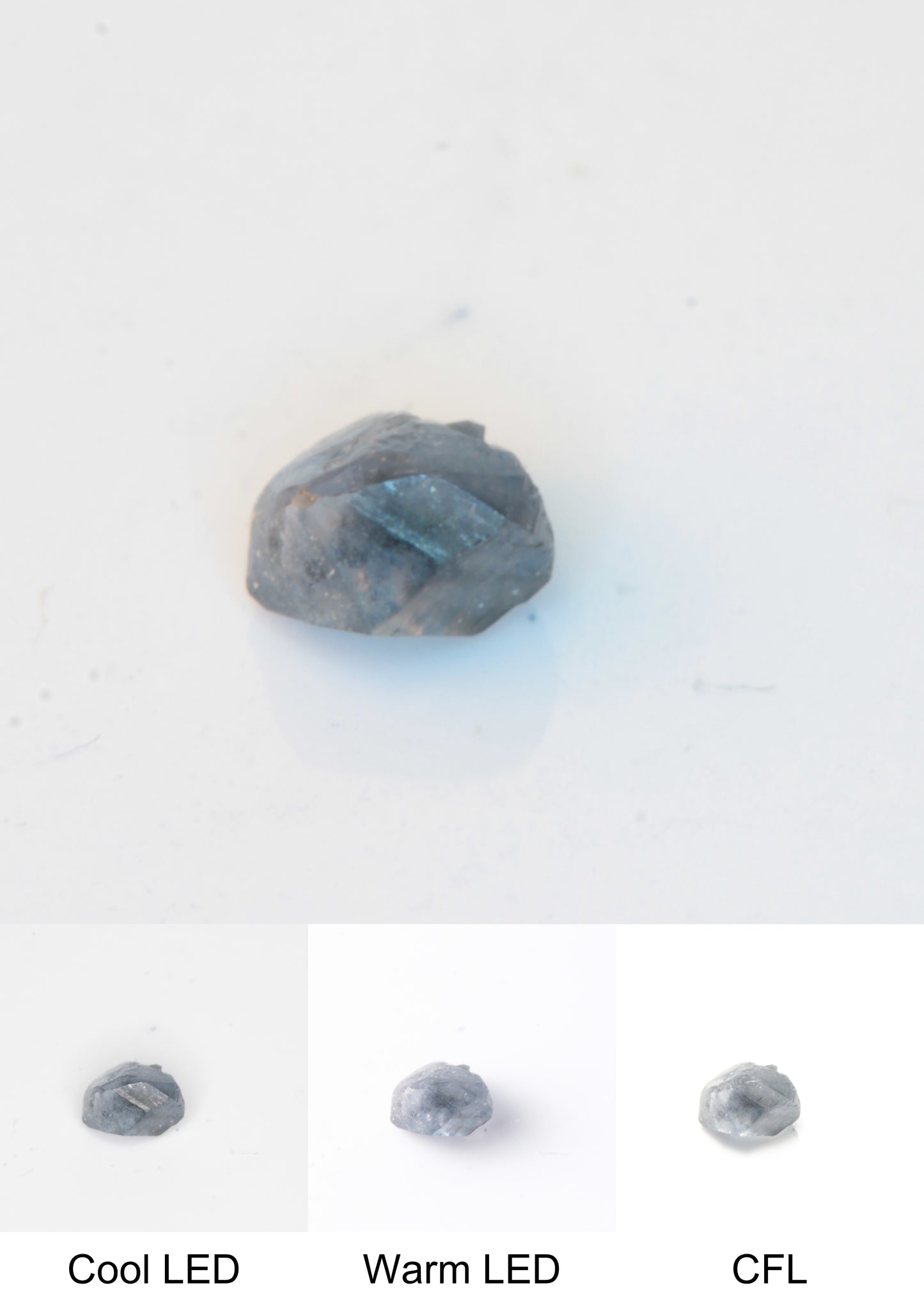 Synthetic Flux Playbutton Sapphire Gemstone Grown by Gems of Science on a white background showing color shift under different lighting