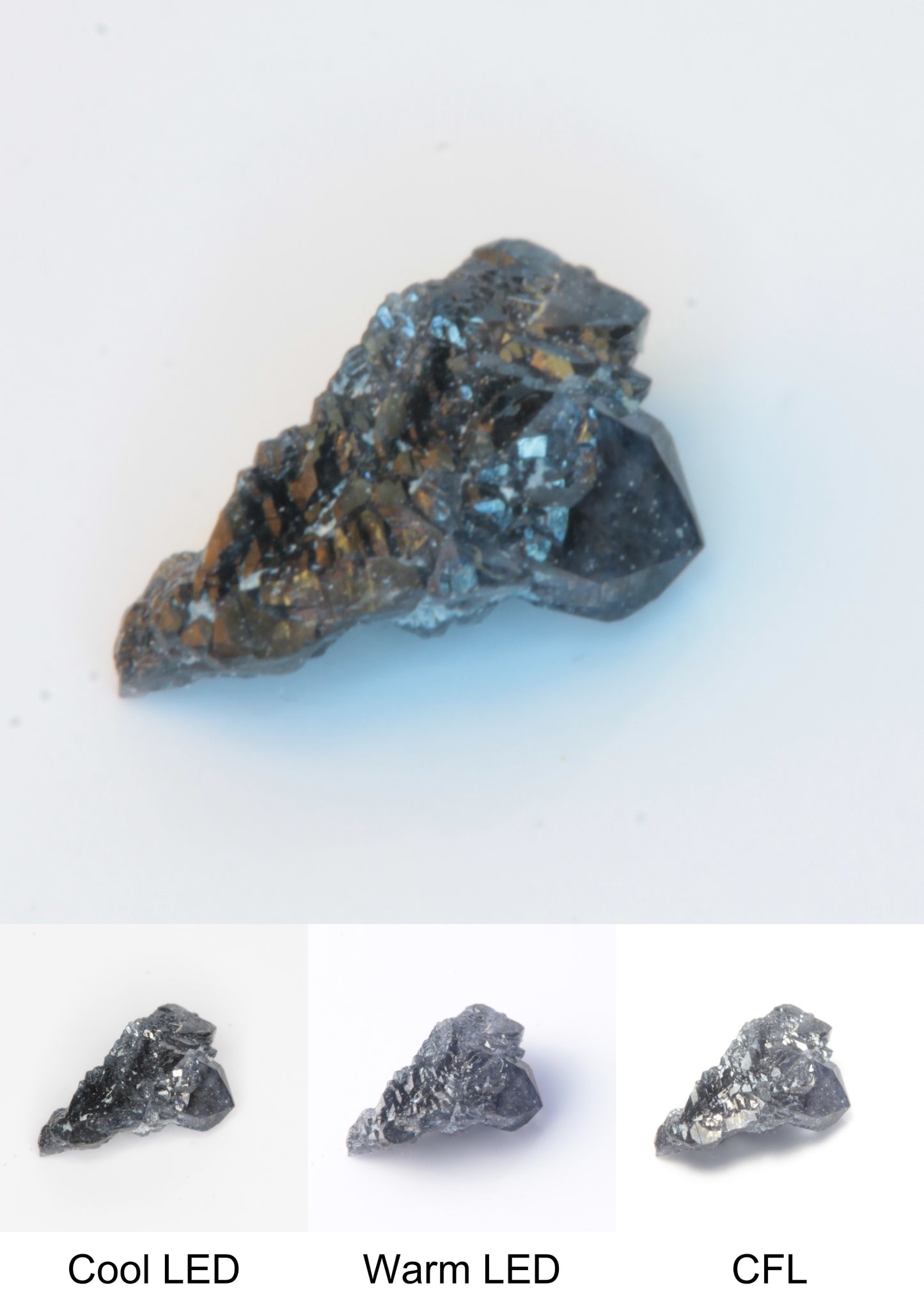 Synthetic Flux Playbutton Sapphire Gemstone Grown by Gems of Science on a white background showing color shift under different lighting