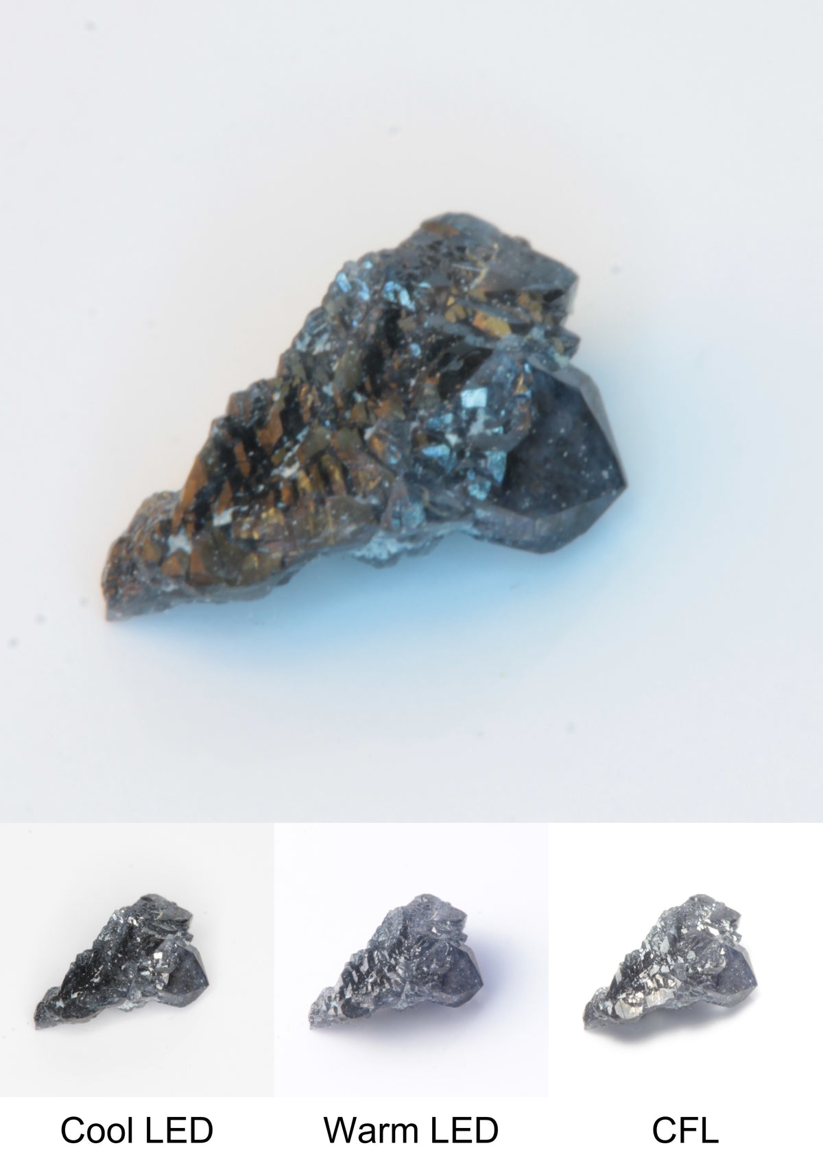 Synthetic Flux Playbutton Sapphire Gemstone Grown by Gems of Science on a white background showing color shift under different lighting