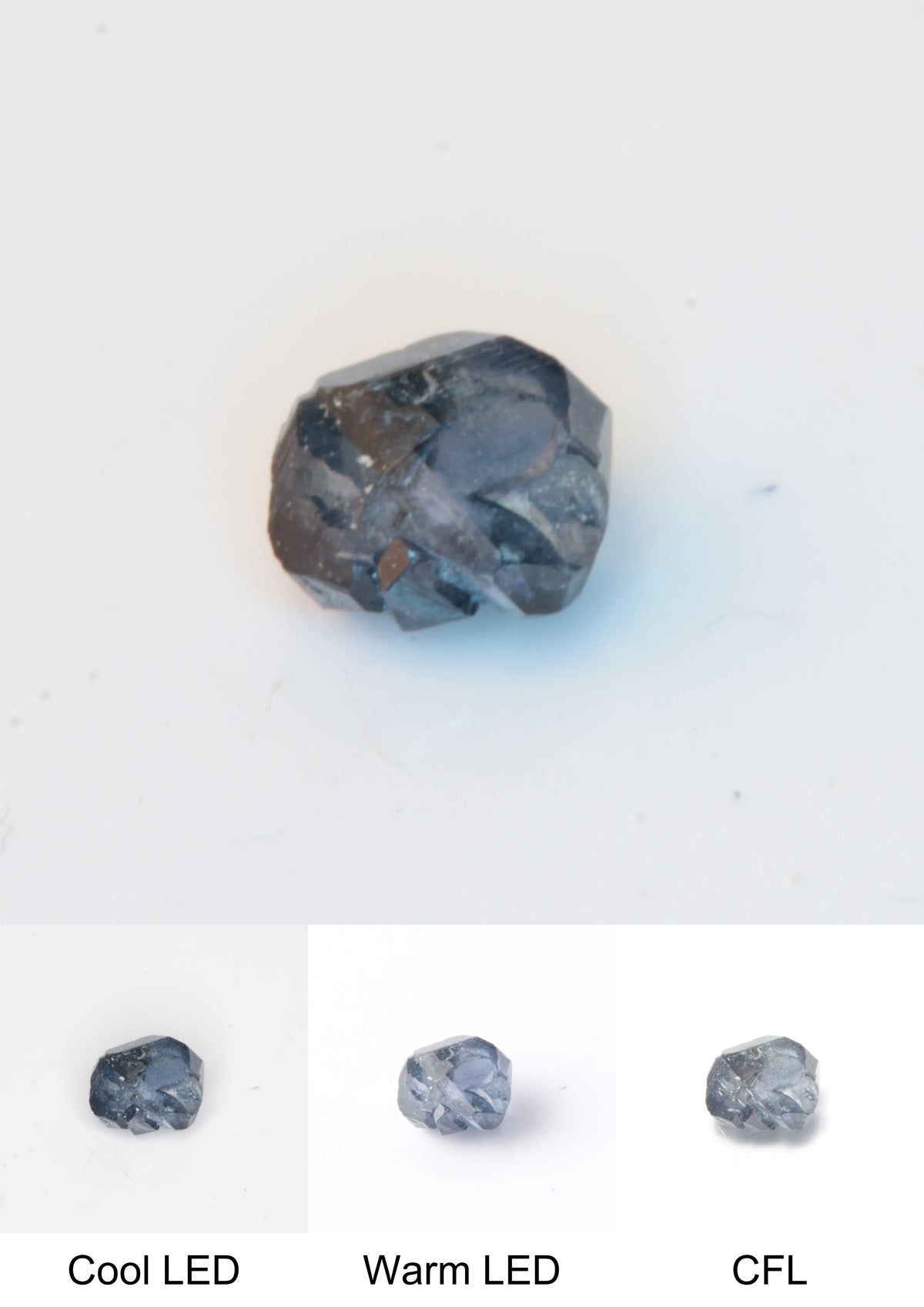 Synthetic Flux Playbutton Sapphire Gemstone Grown by Gems of Science on a white background showing color shift under different lighting