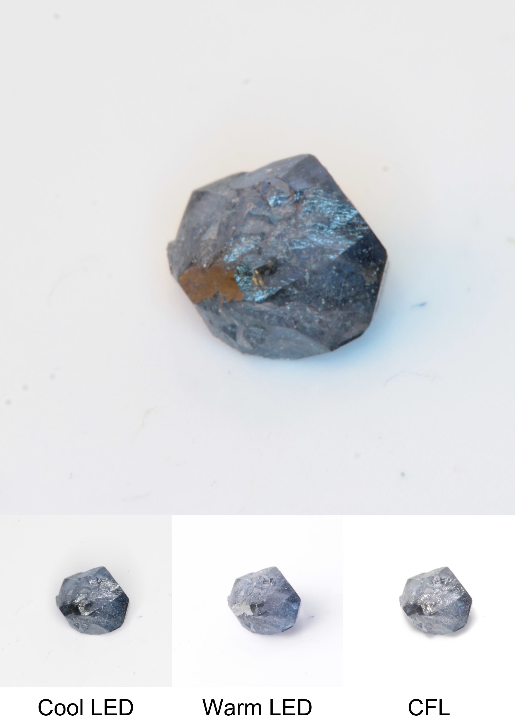 Synthetic Flux Playbutton Sapphire Gemstone Grown by Gems of Science on a white background showing color shift under different lighting