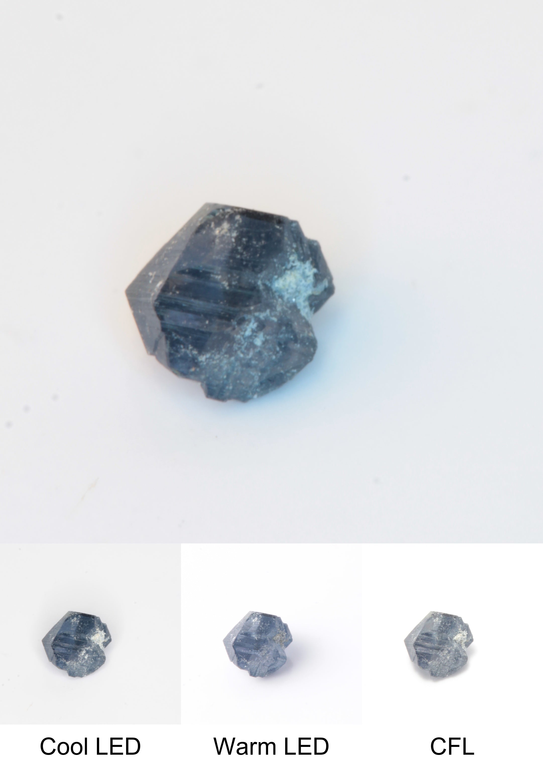 Synthetic Flux Playbutton Sapphire Gemstone Grown by Gems of Science on a white background showing color shift under different lighting