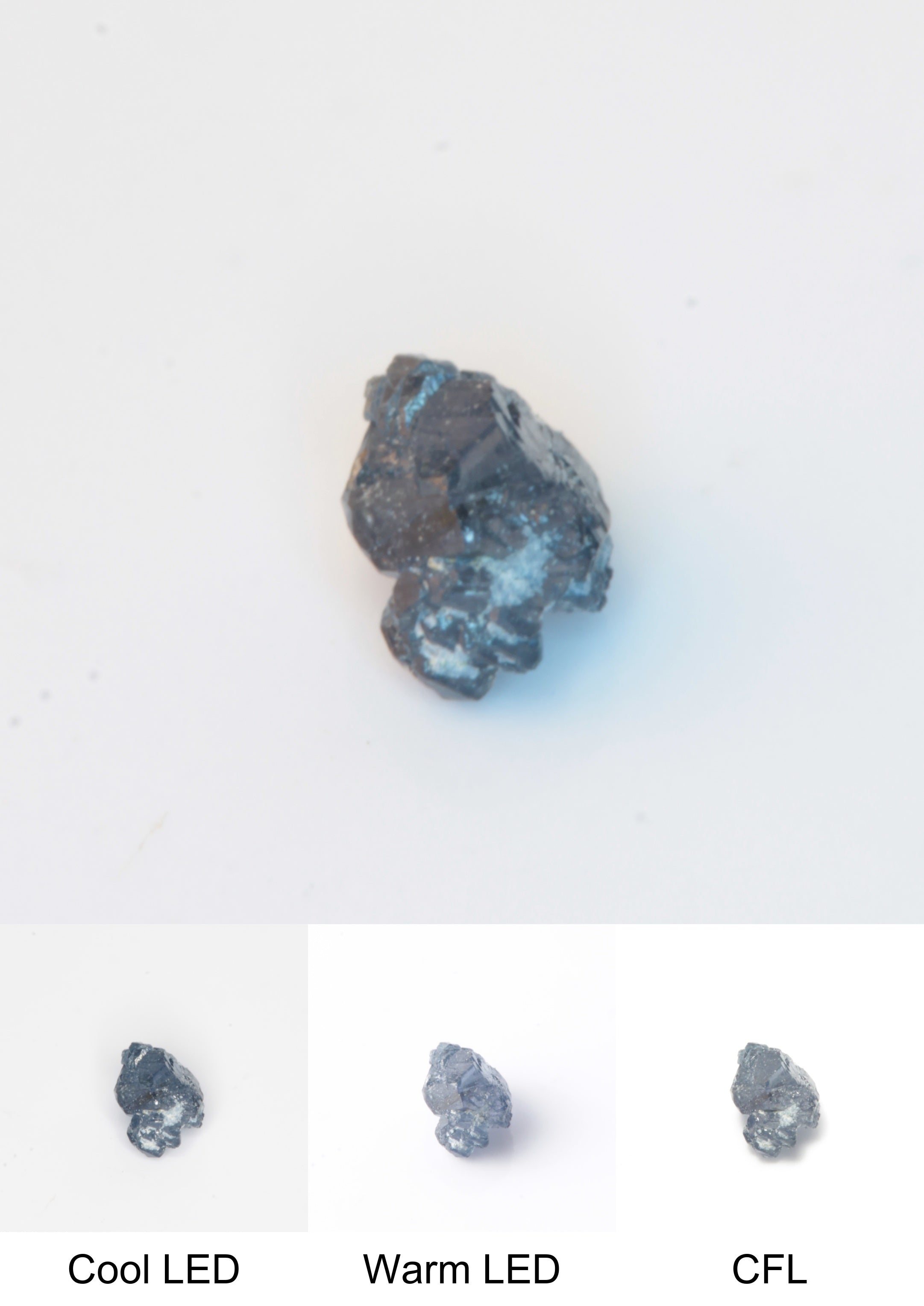 Synthetic Flux Playbutton Sapphire Cluster Gemstone Grown by Gems of Science on a white background showing color shift under different lighting