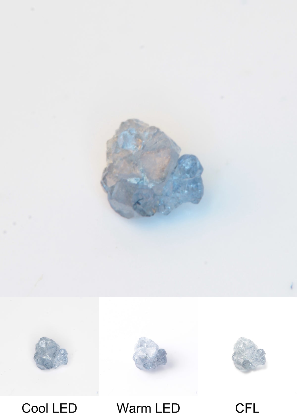 Synthetic Flux Playbutton Sapphire Gemstone Grown by Gems of Science on a white background showing color shift under different lighting