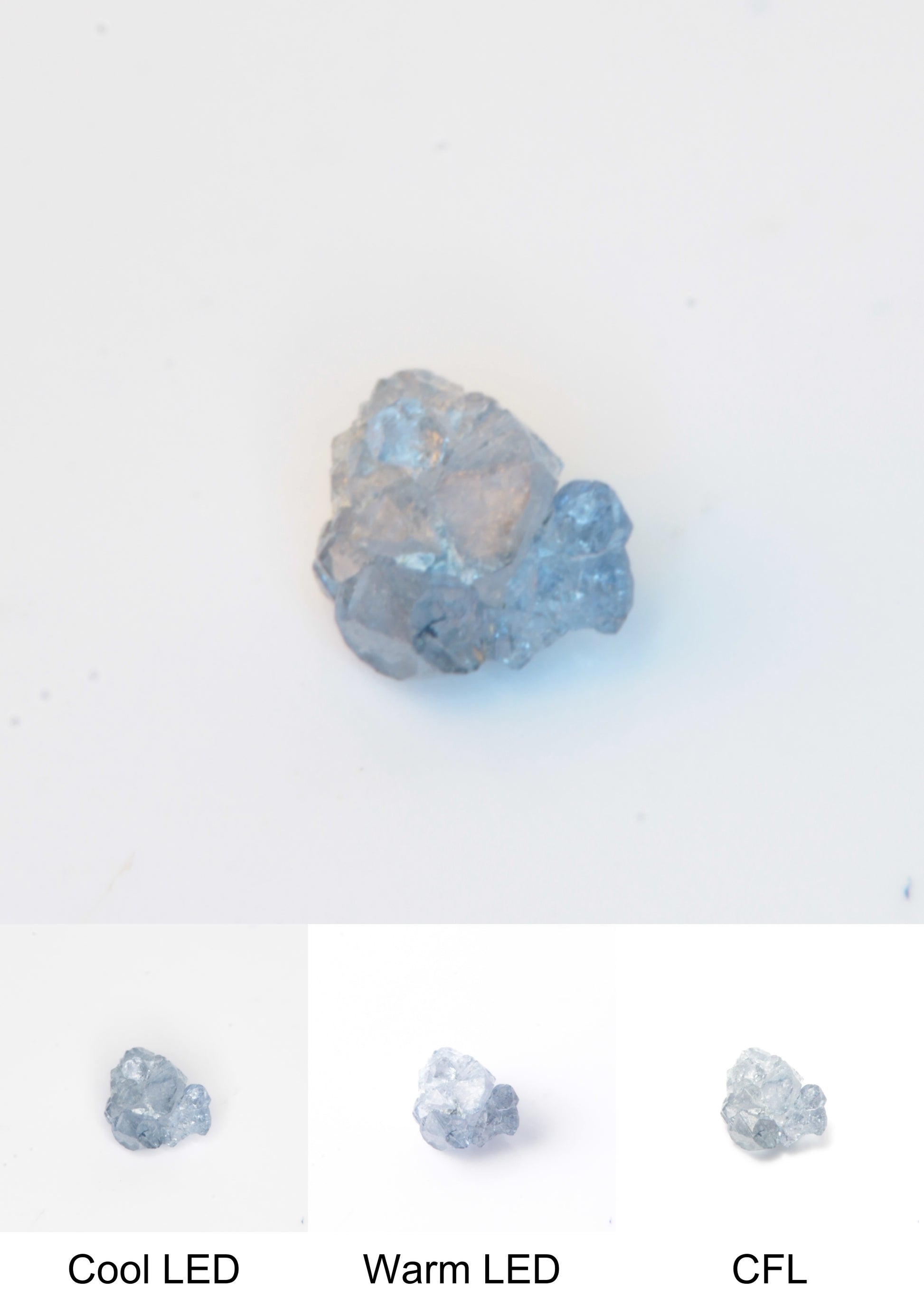 Synthetic Flux Playbutton Sapphire Gemstone Grown by Gems of Science on a white background showing color shift under different lighting
