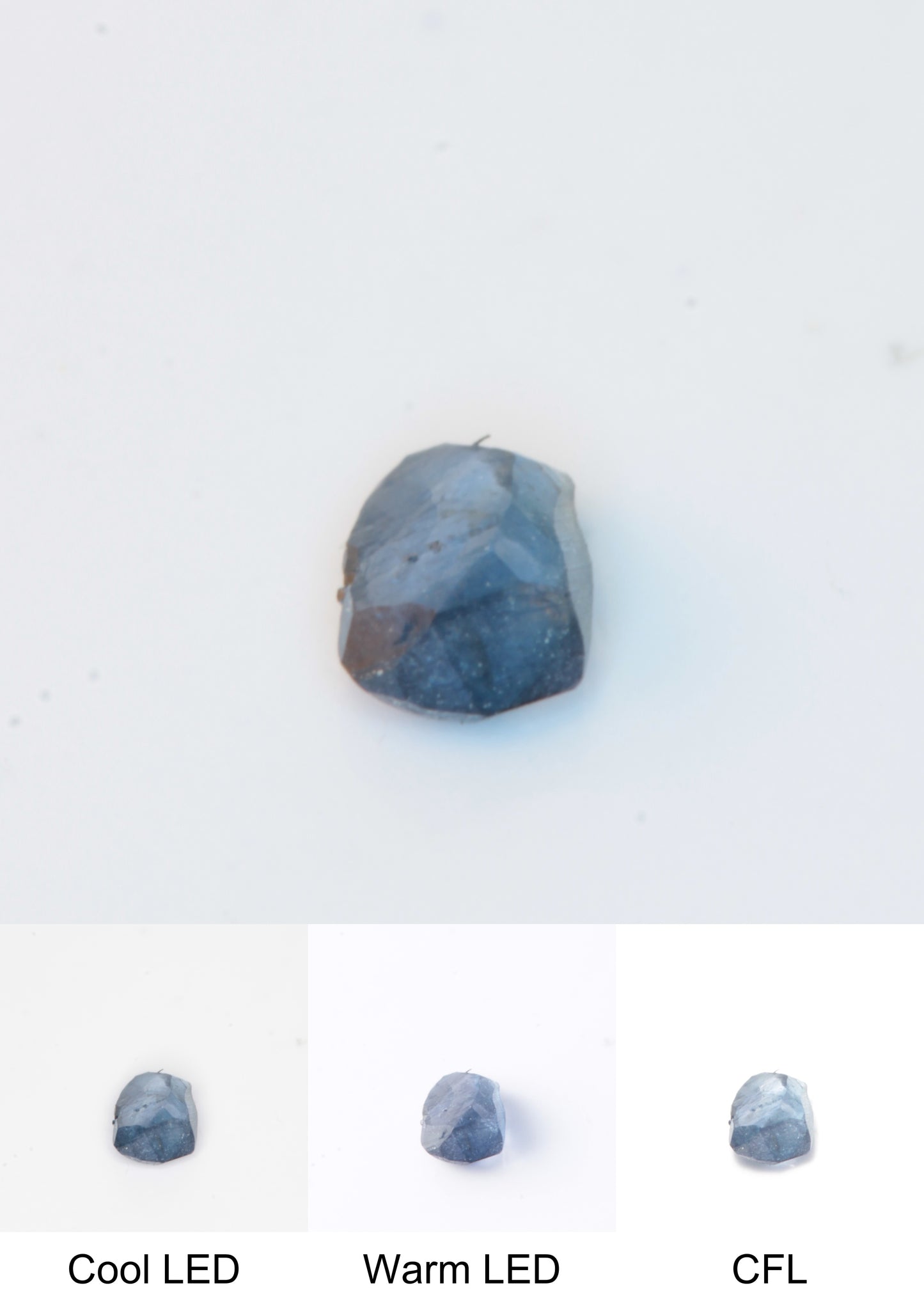 Synthetic Flux Playbutton Sapphire Gemstone Grown by Gems of Science on a white background showing color shift under different lighting