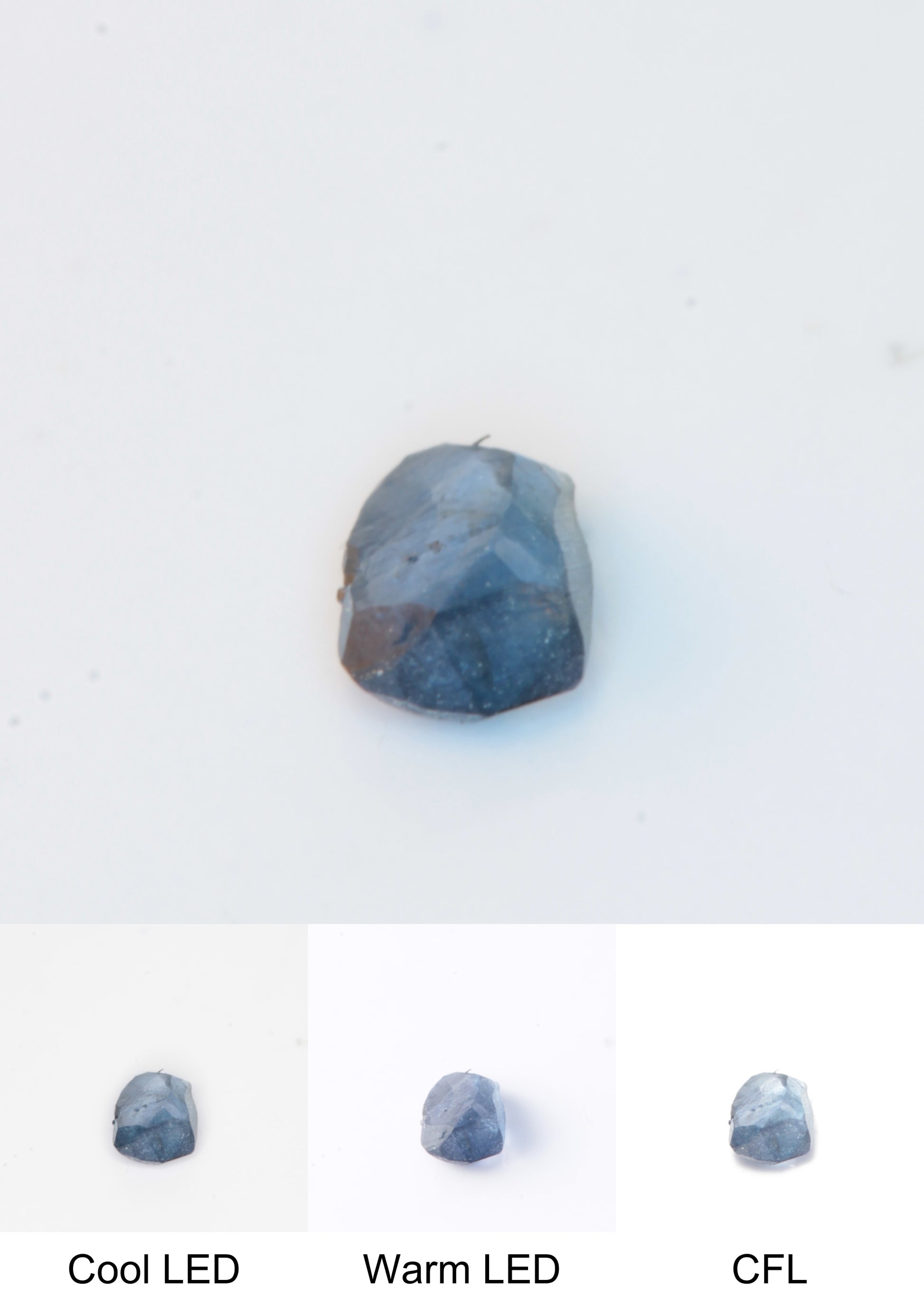 Synthetic Flux Playbutton Sapphire Gemstone Grown by Gems of Science on a white background showing color shift under different lighting