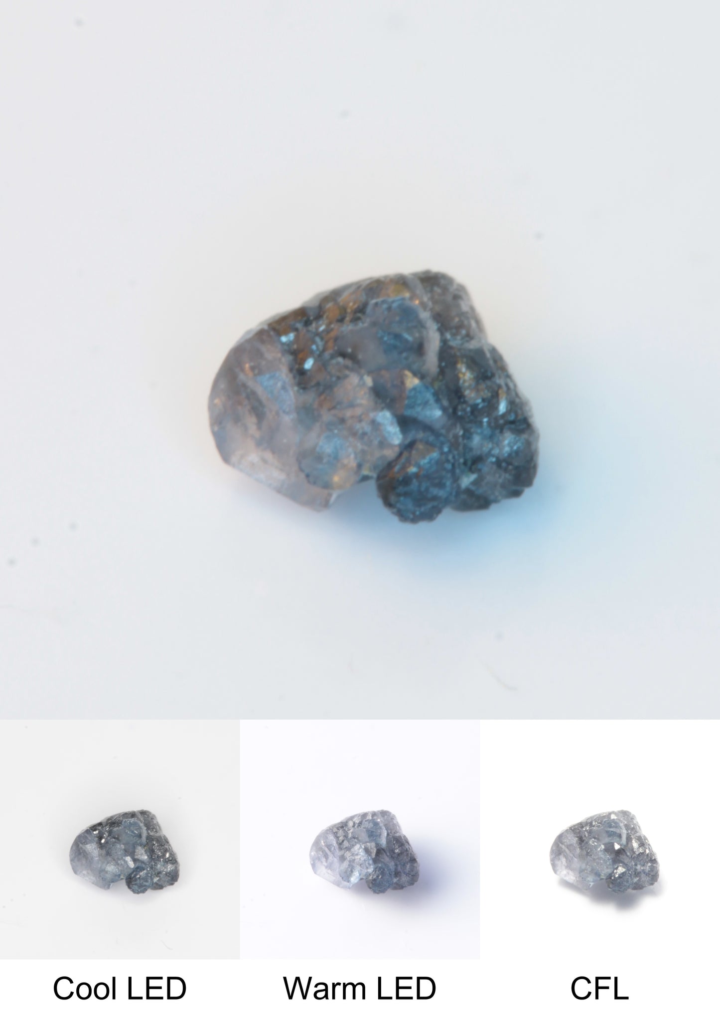 Synthetic Flux Playbutton Sapphire Gemstone Grown by Gems of Science on a white background showing color shift under different lighting