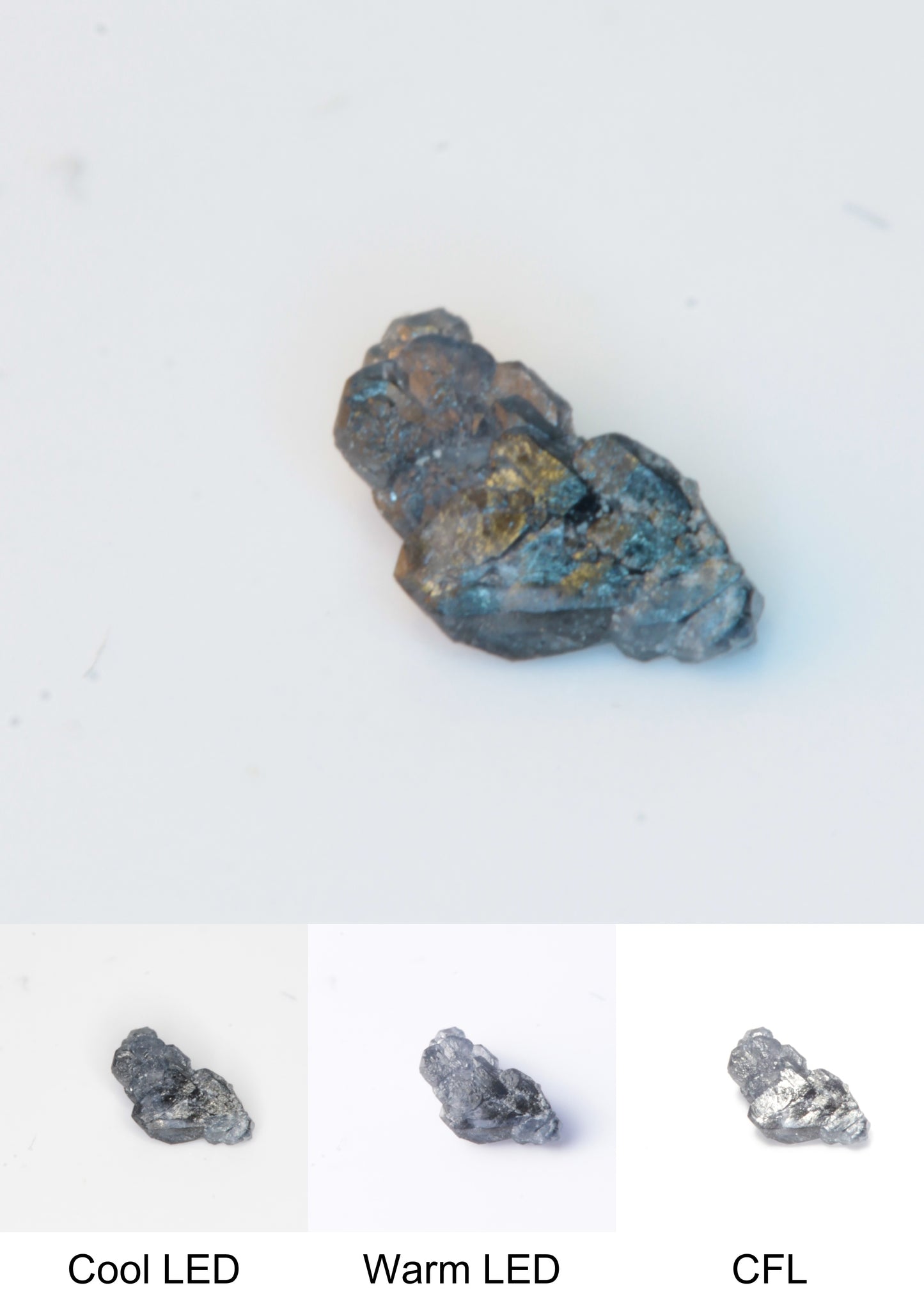 Synthetic Thin Flux Playbutton Sapphire Gemstone Grown by Gems of Science on a white background showing color shift under different lighting
