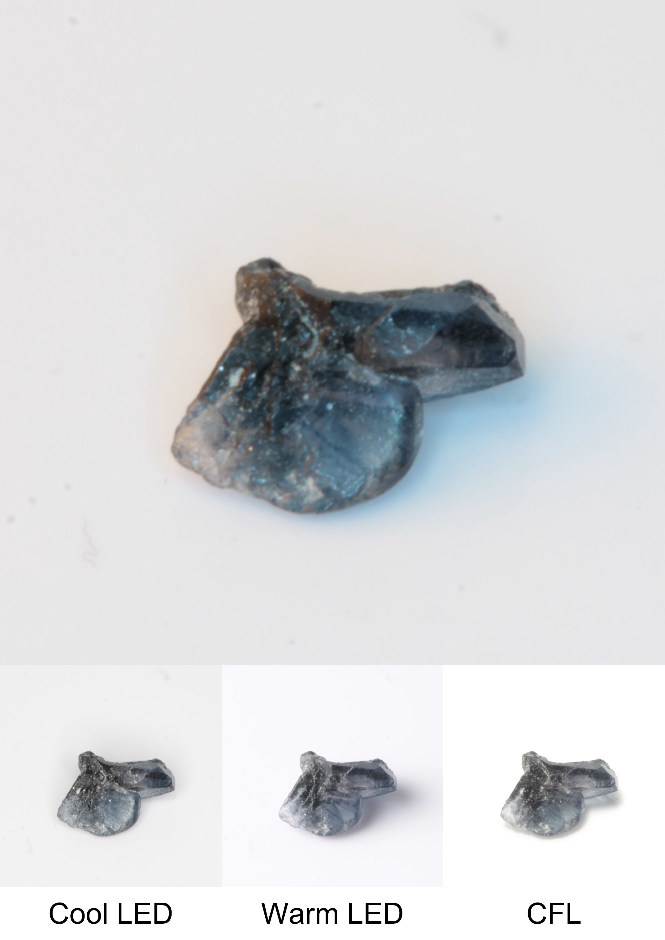 Synthetic Thin Flux Playbutton Sapphire Gemstone Grown by Gems of Science on a white background showing color shift under different lighting