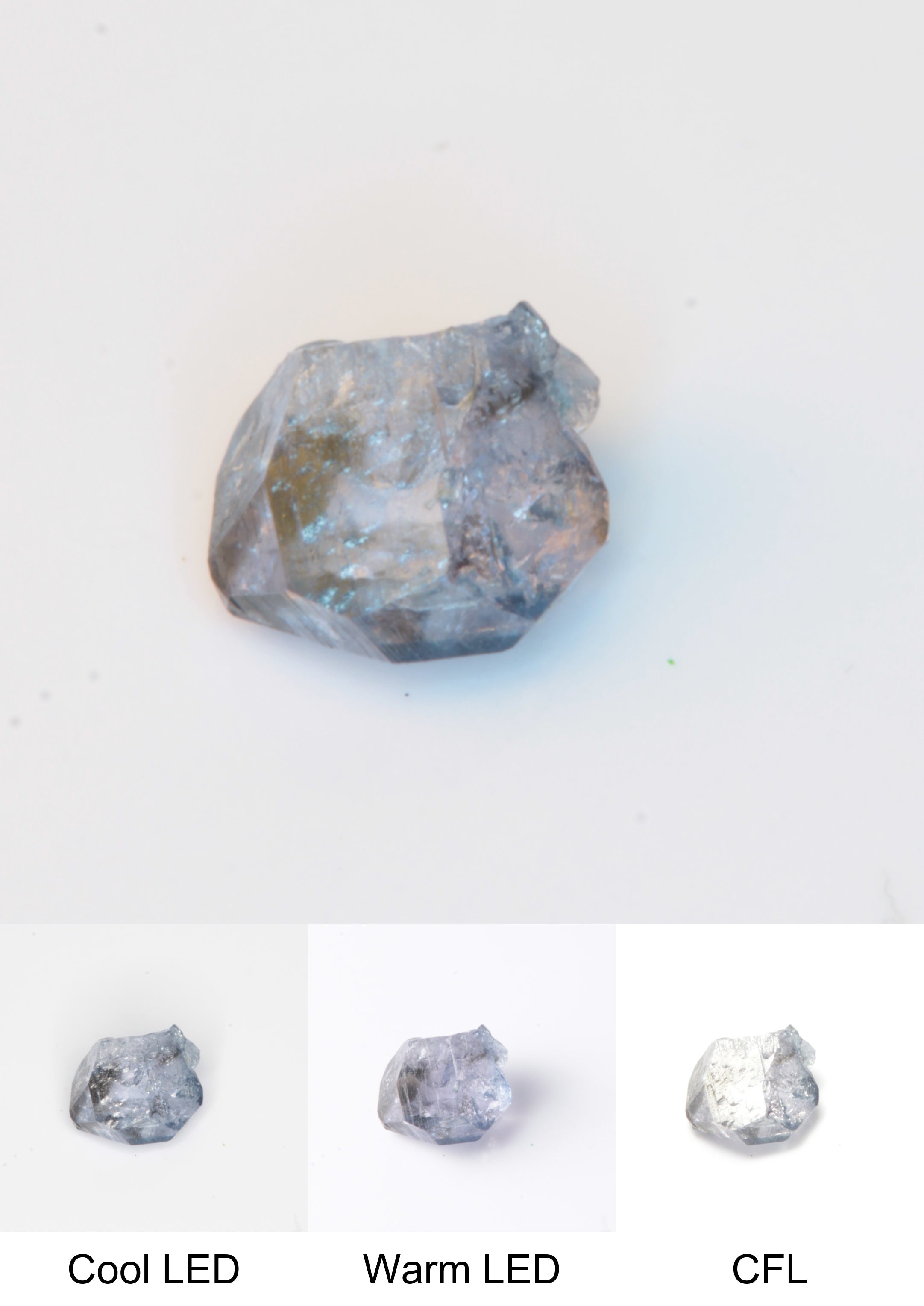Synthetic Flux Playbutton Sapphire Gemstone Grown by Gems of Science on a white background showing color shift under different lighting