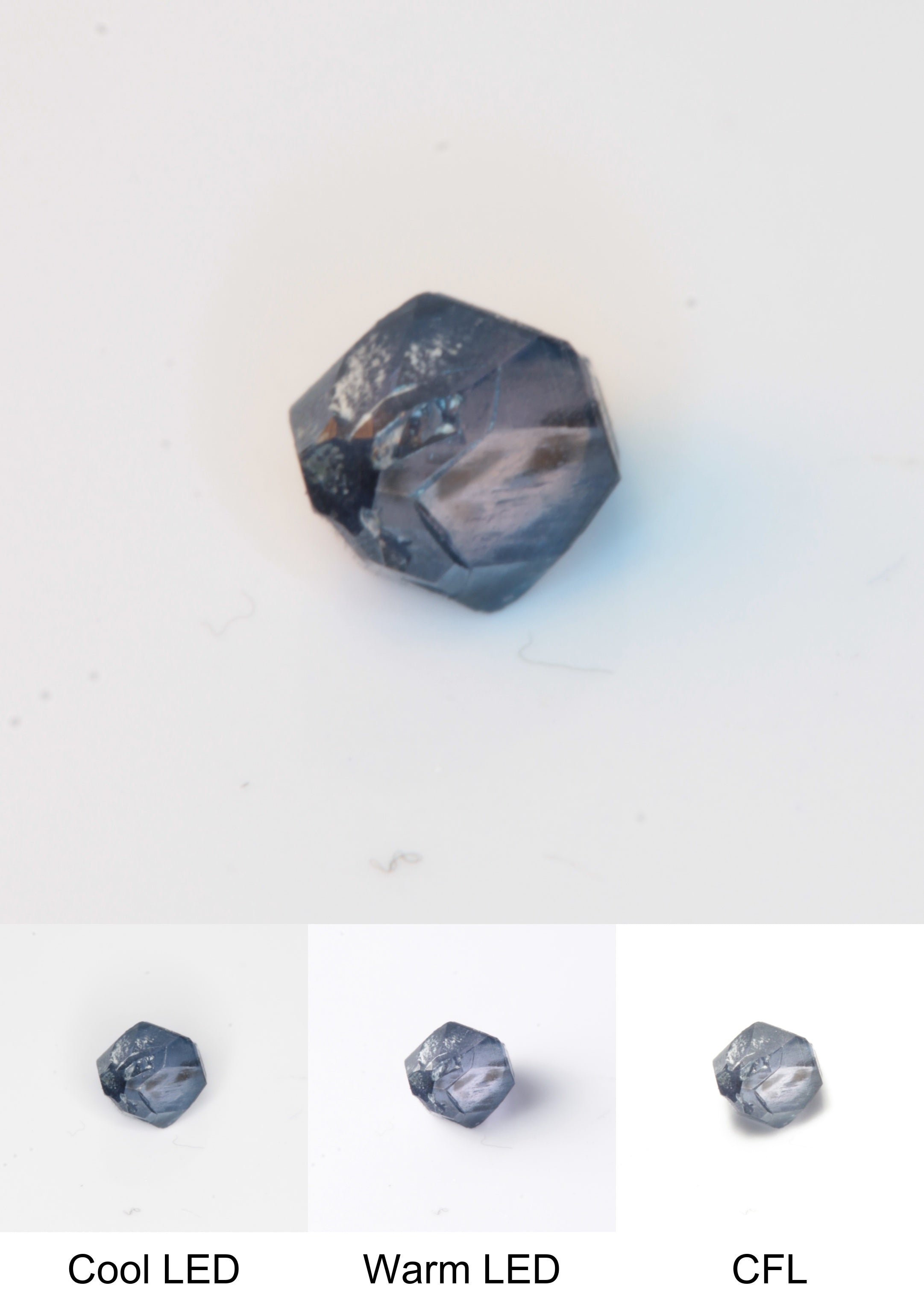 Synthetic Flux Playbutton Sapphire Gemstone Grown by Gems of Science on a white background showing color shift under different lighting