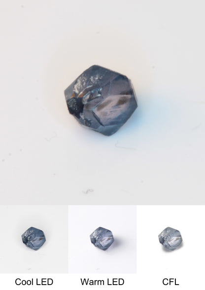 Synthetic Flux Playbutton Sapphire Gemstone Grown by Gems of Science on a white background showing color shift under different lighting