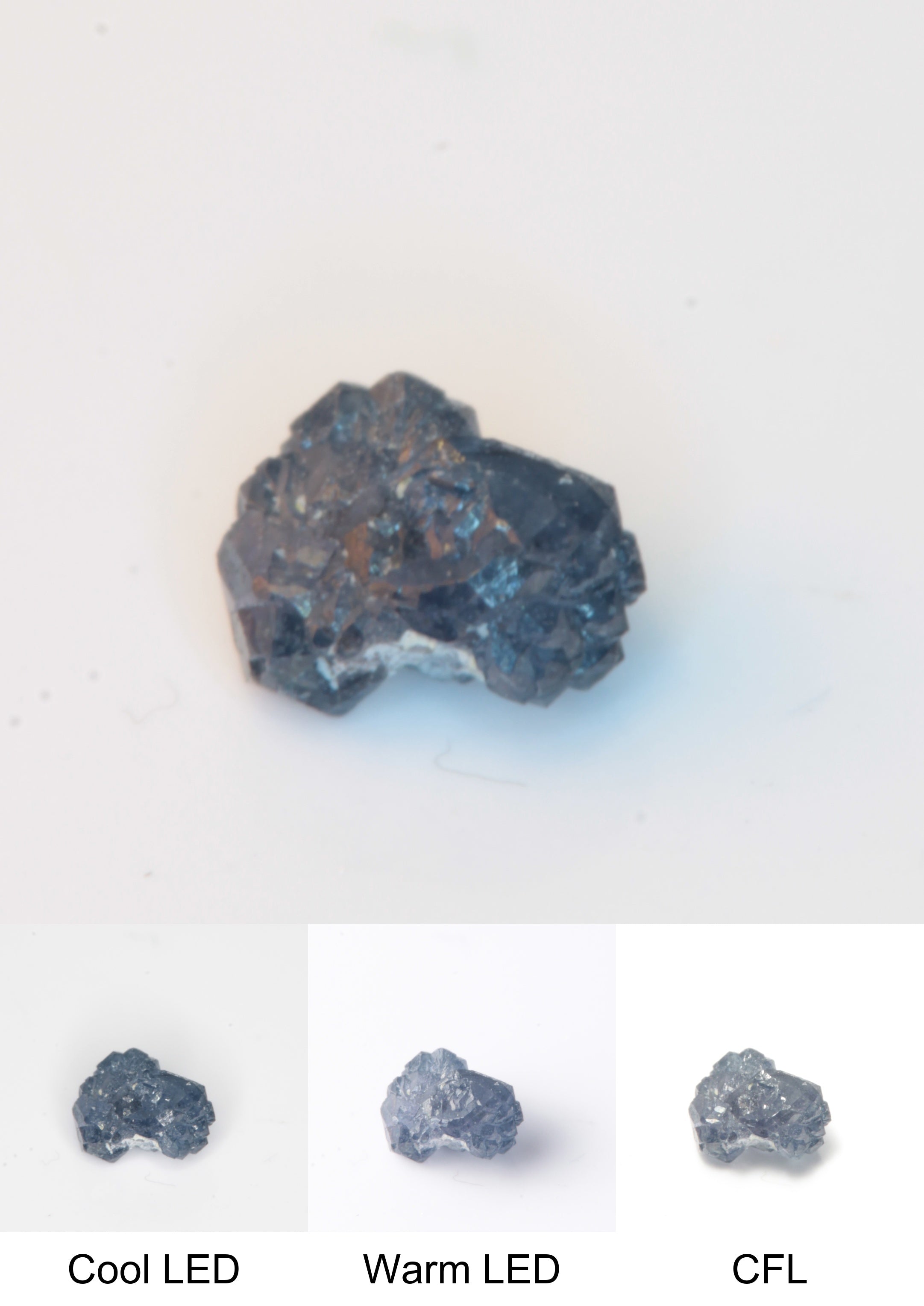 Synthetic Flux Playbutton Sapphire Gemstone Grown by Gems of Science on a white background showing color shift under different lighting