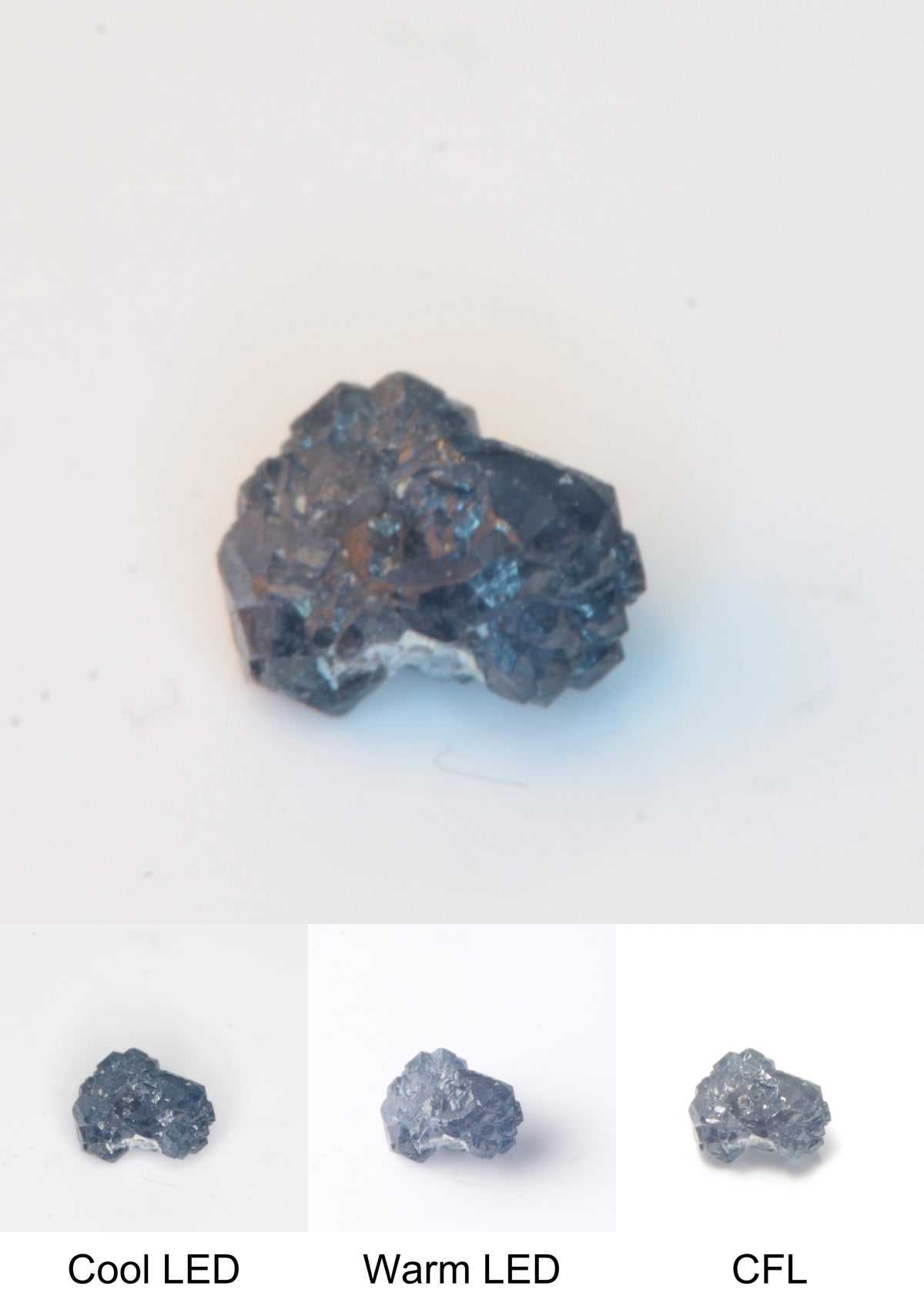 Synthetic Flux Playbutton Sapphire Gemstone Grown by Gems of Science on a white background showing color shift under different lighting