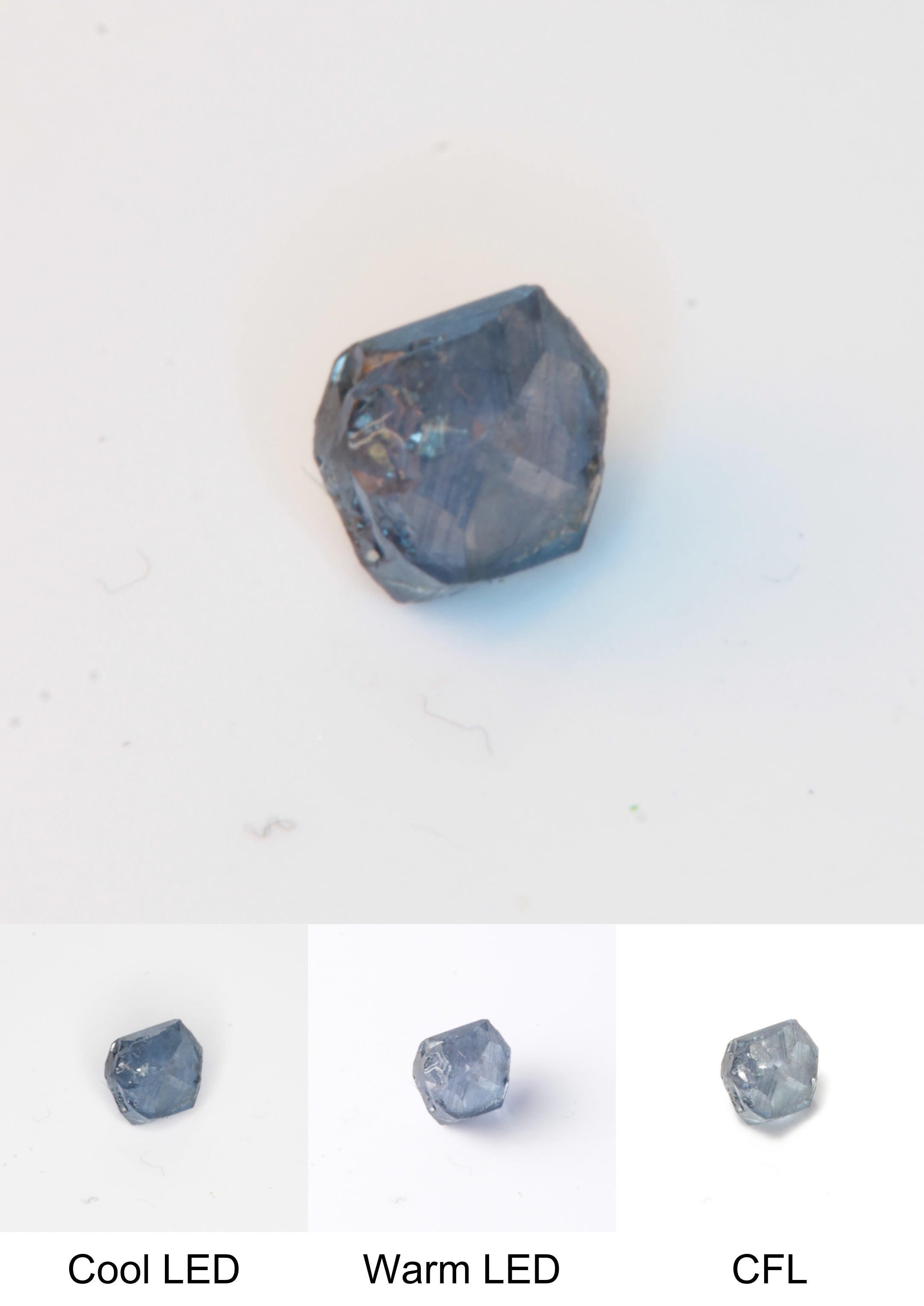 Synthetic Flux Playbutton Sapphire Gemstone Grown by Gems of Science on a white background showing color shift under different lighting