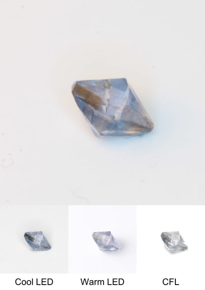 Synthetic Flux Playbutton Sapphire Gemstone Grown by Gems of Science on a white background showing color shift under different lighting