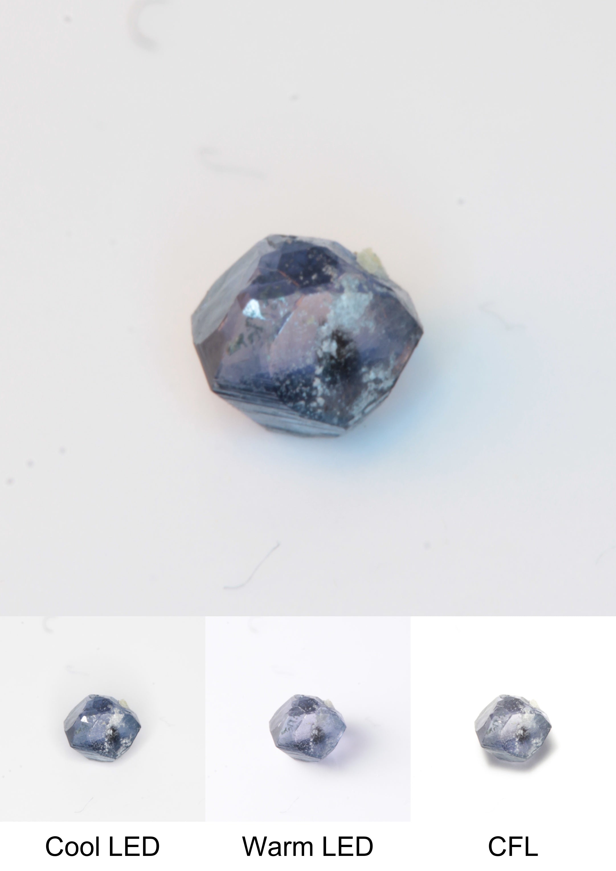 Synthetic Flux Playbutton Sapphire Gemstone Grown by Gems of Science on a white background showing color shift under different lighting