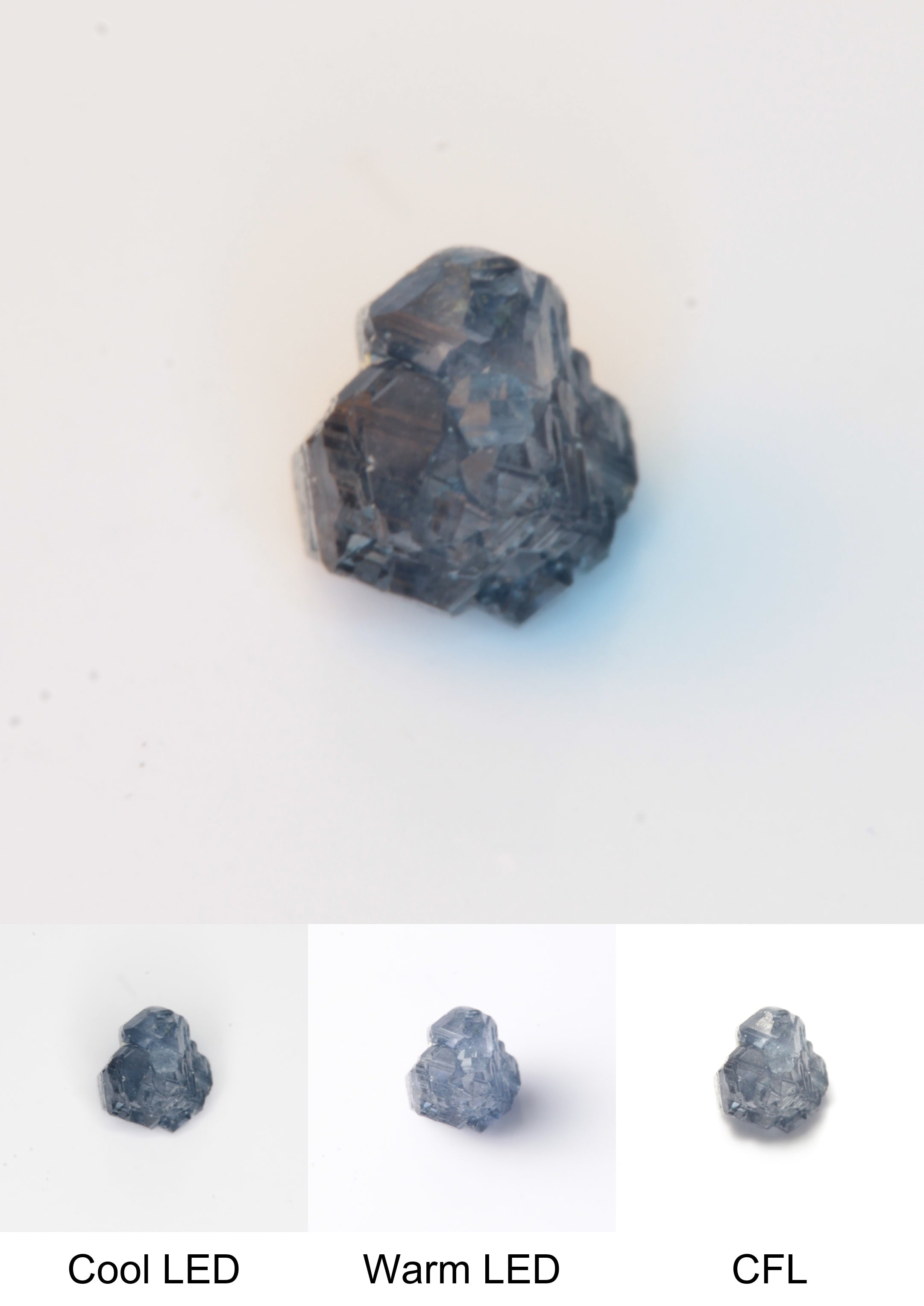 Synthetic Flux Playbutton Sapphire Gemstone Grown by Gems of Science on a white background showing color shift under different lighting