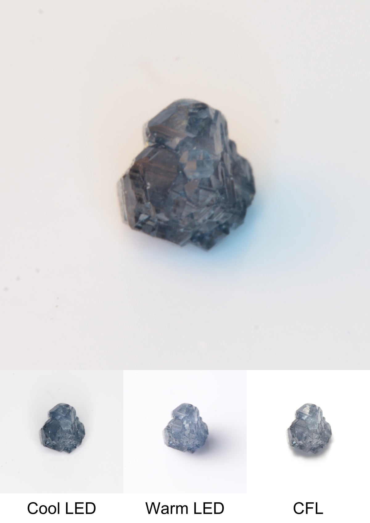 Synthetic Flux Playbutton Sapphire Gemstone Grown by Gems of Science on a white background showing color shift under different lighting