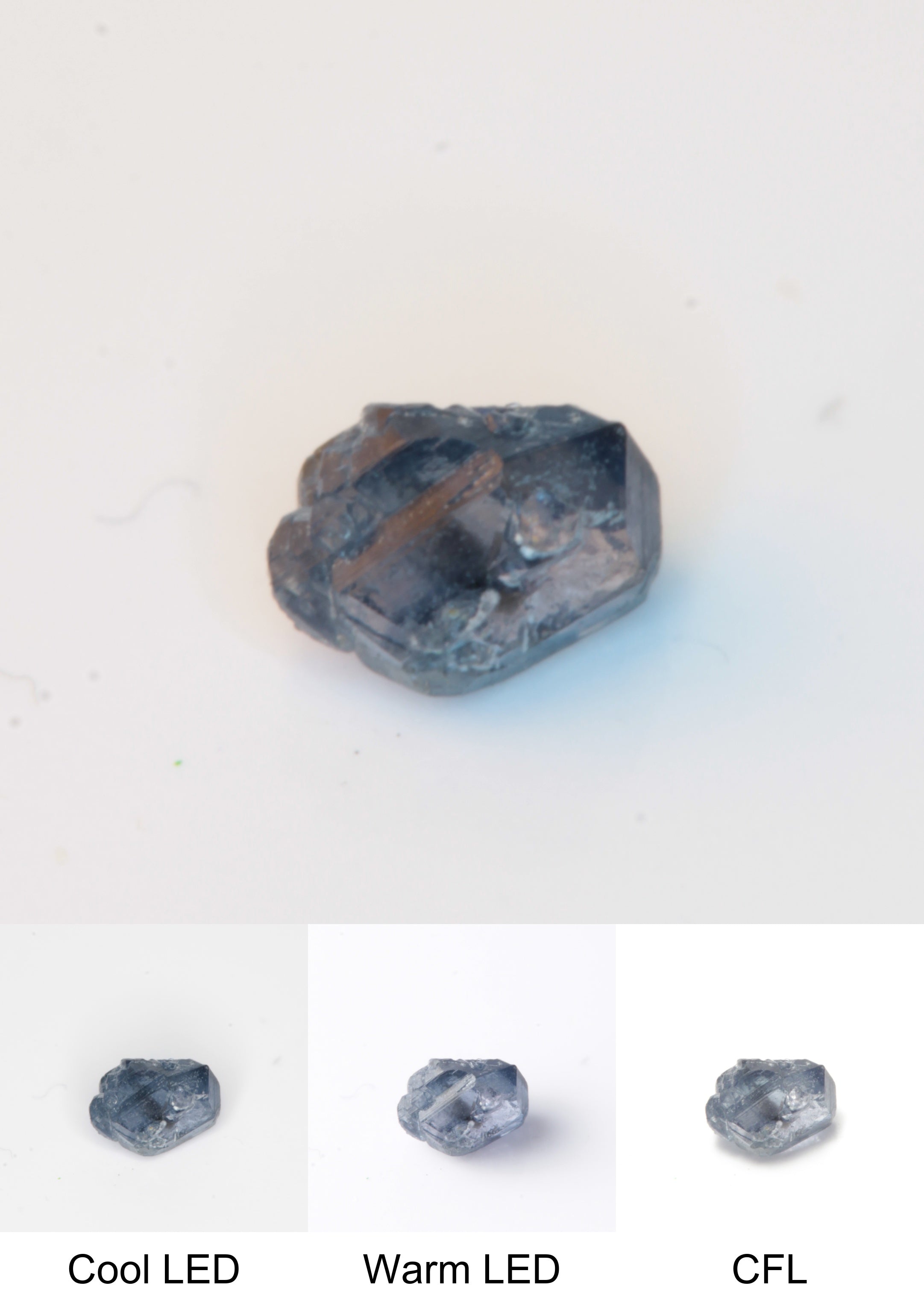 Synthetic Flux Playbutton Sapphire Gemstone Grown by Gems of Science on a white background showing color shift under different lighting