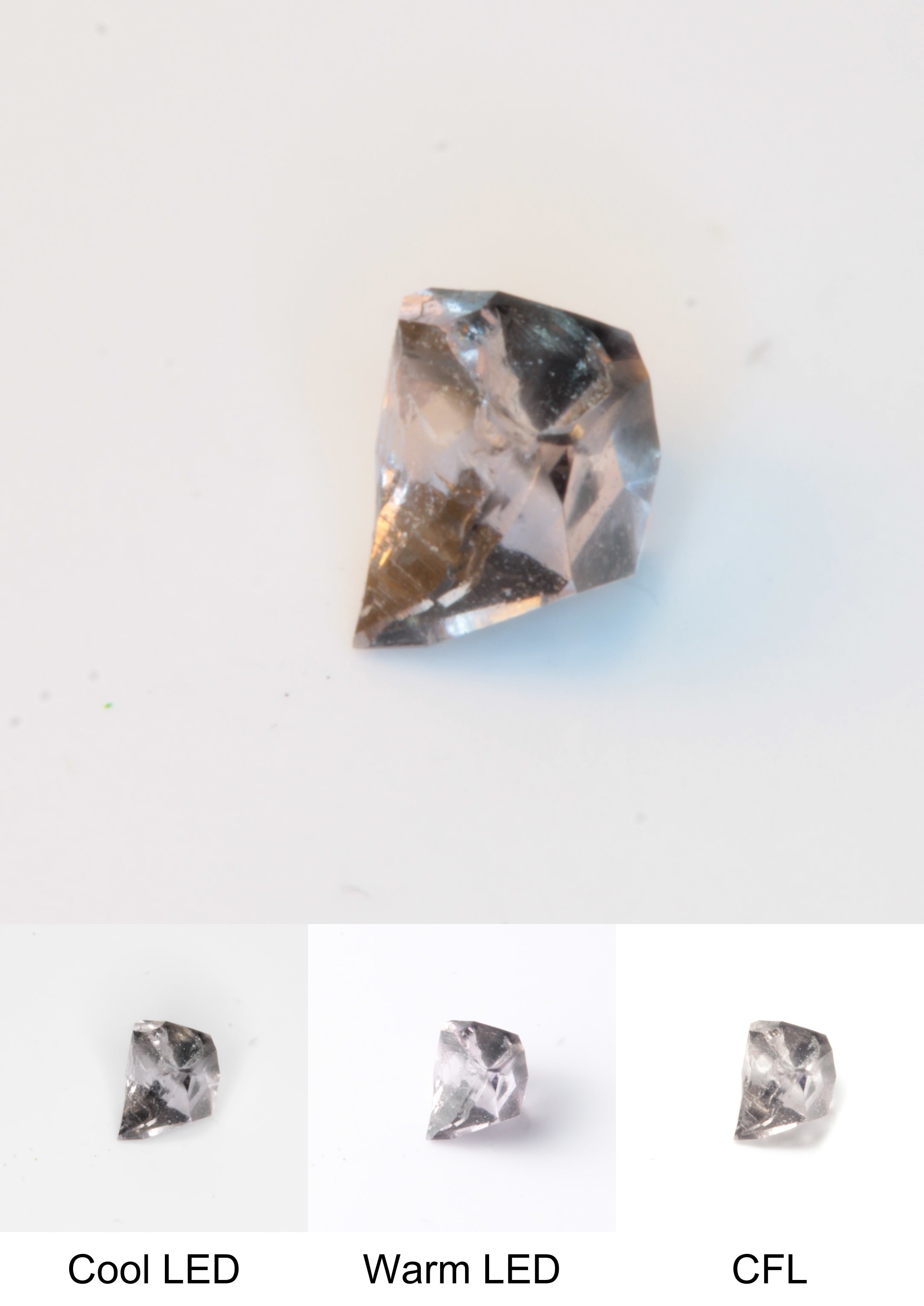 Synthetic Flux Playbutton Sapphire Gemstone Grown by Gems of Science on a white background showing color shift under different lighting