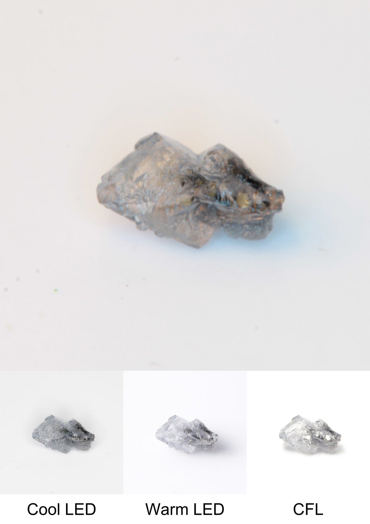Synthetic Flux Playbutton Sapphire Gemstone Grown by Gems of Science on a white background showing color shift under different lighting