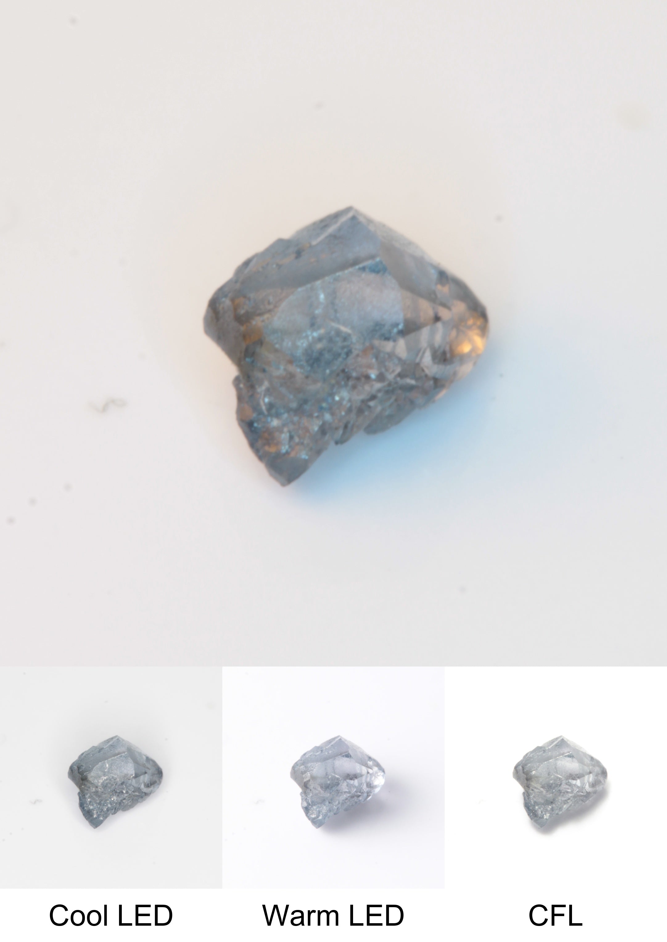 Synthetic Flux Playbutton Sapphire Gemstone Grown by Gems of Science on a white background showing color shift under different lighting