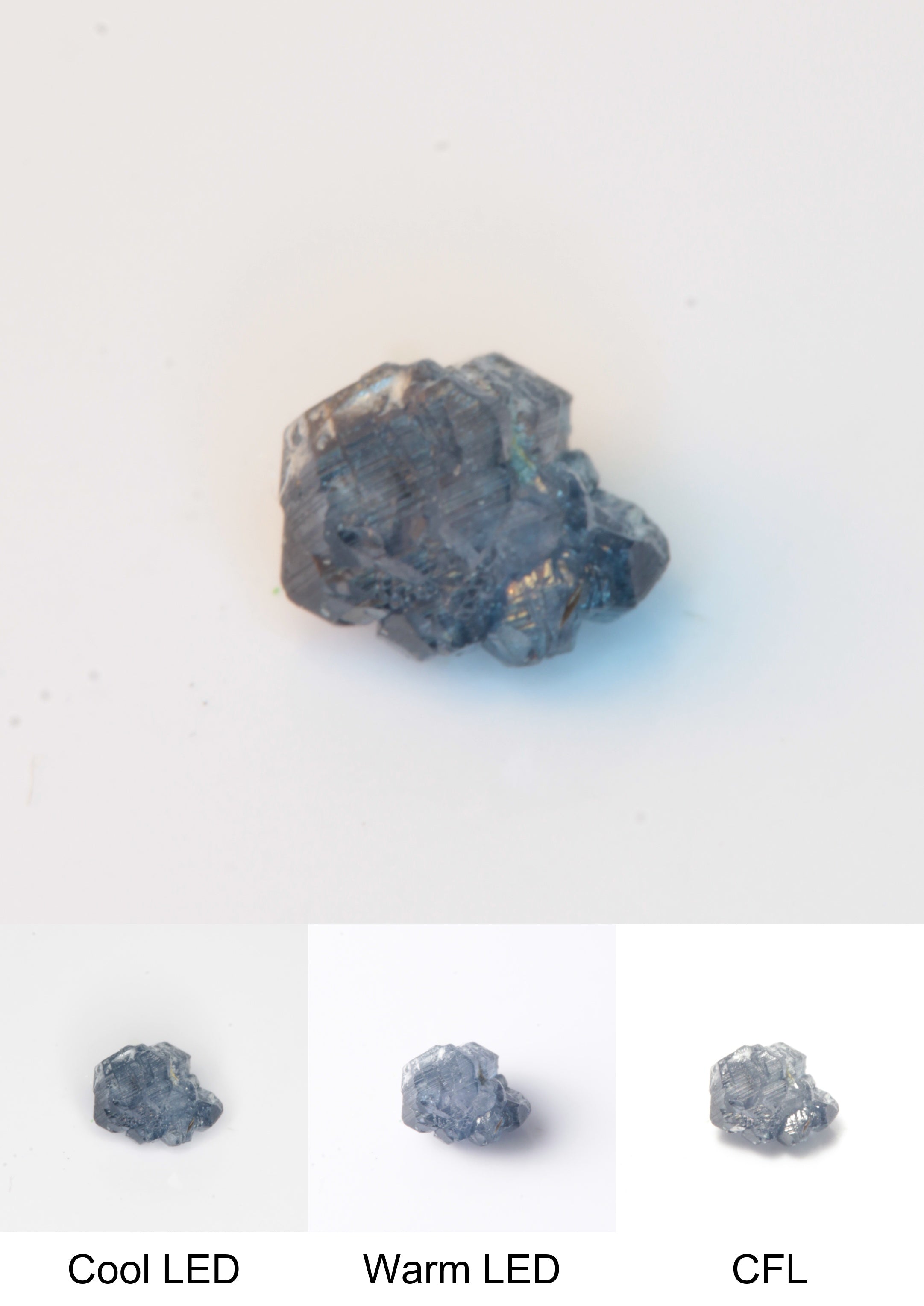 Synthetic Flux Playbutton Sapphire Gemstone Grown by Gems of Science on a white background showing color shift under different lighting