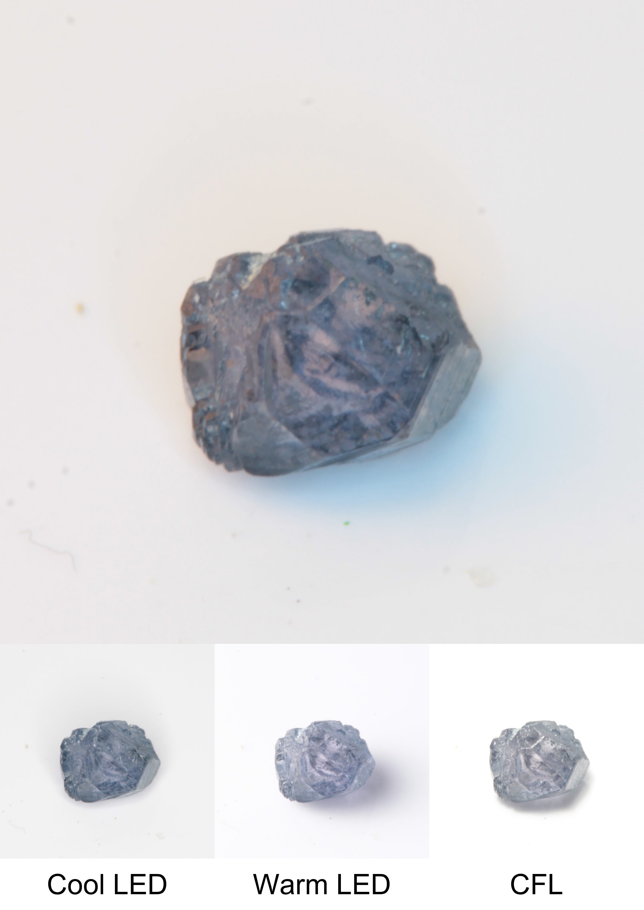 Synthetic Flux Playbutton Sapphire Gemstone Grown by Gems of Science on a white background showing color shift under different lighting