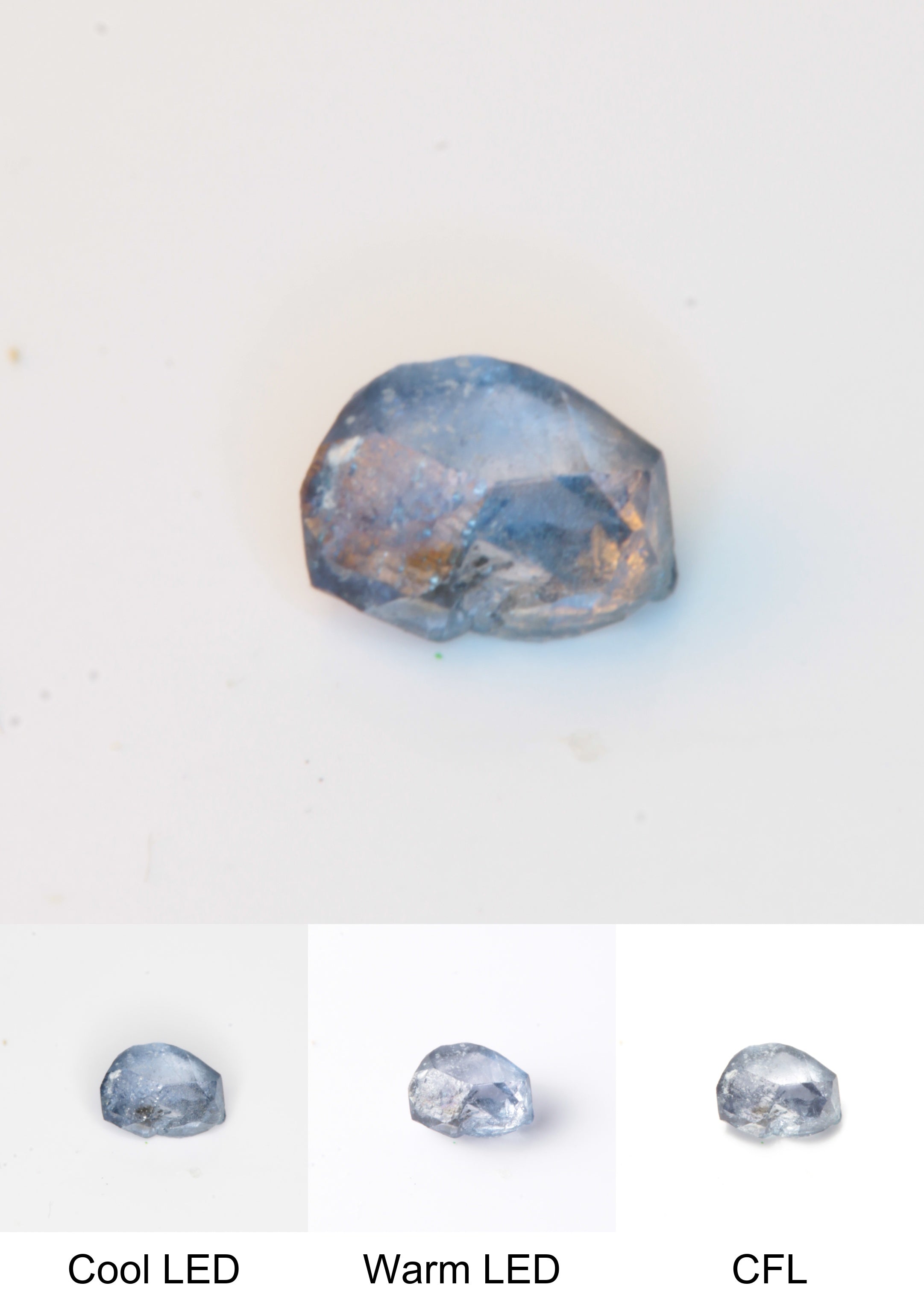 Synthetic Flux Playbutton Sapphire Gemstone Grown by Gems of Science on a white background showing color shift under different lighting