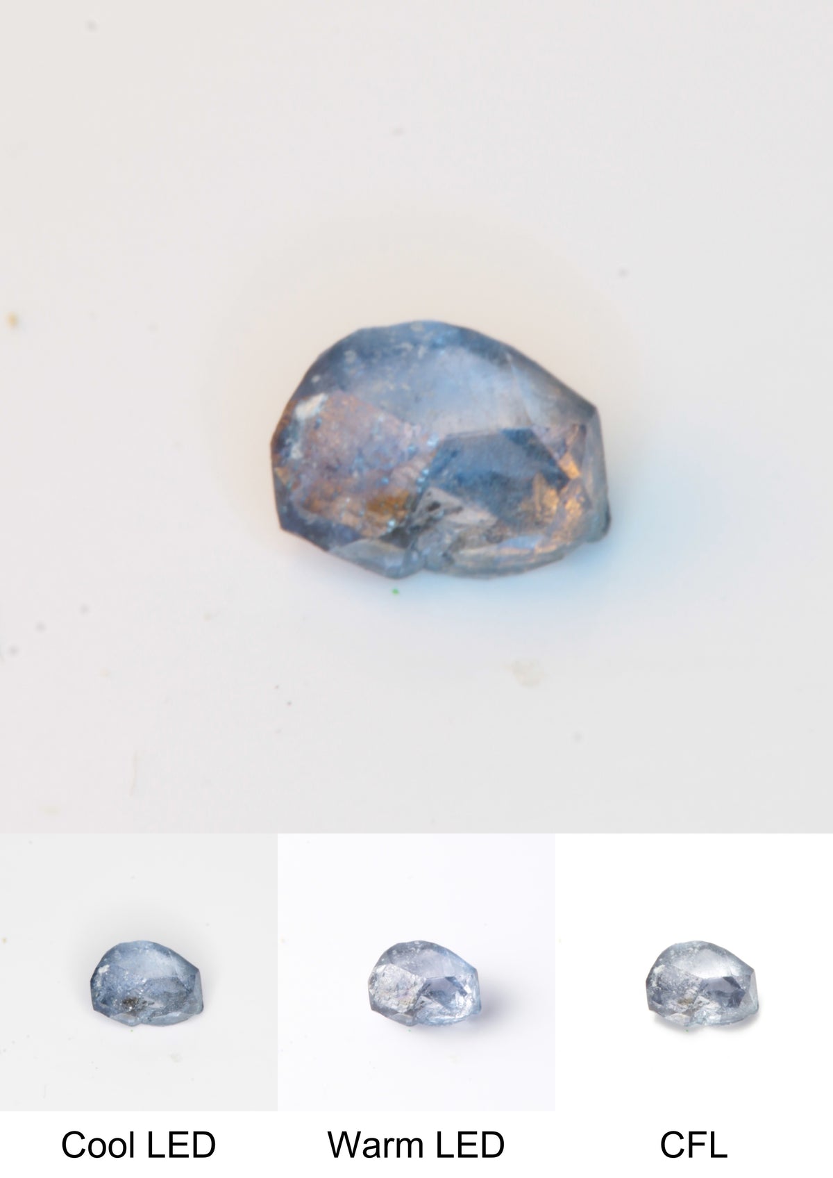 Synthetic Flux Playbutton Sapphire Gemstone Grown by Gems of Science on a white background showing color shift under different lighting