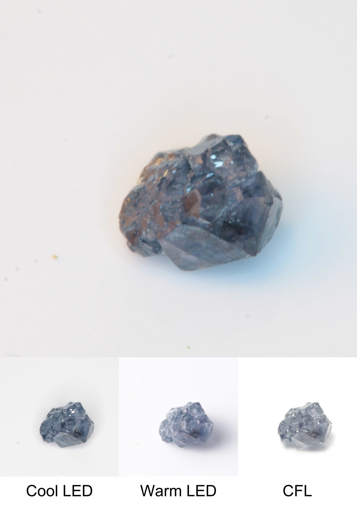 Synthetic Flux Playbutton Sapphire Gemstone Grown by Gems of Science on a white background showing color shift under different lighting