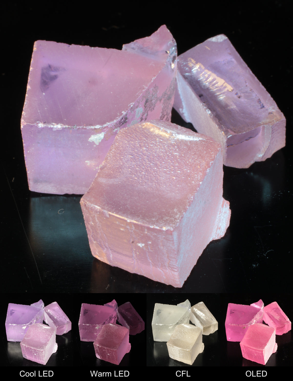 Three pieces of Neodymium-doped GGG Gem Rough showing the different colors under different light sources (color change)