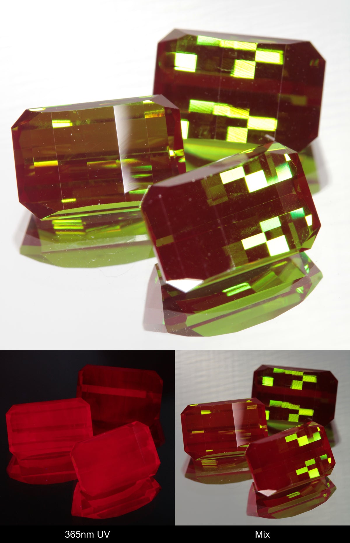Green and Red Faceted Pixel Cut Christmas Garnet Gemstone shown under UV and Visible Light
