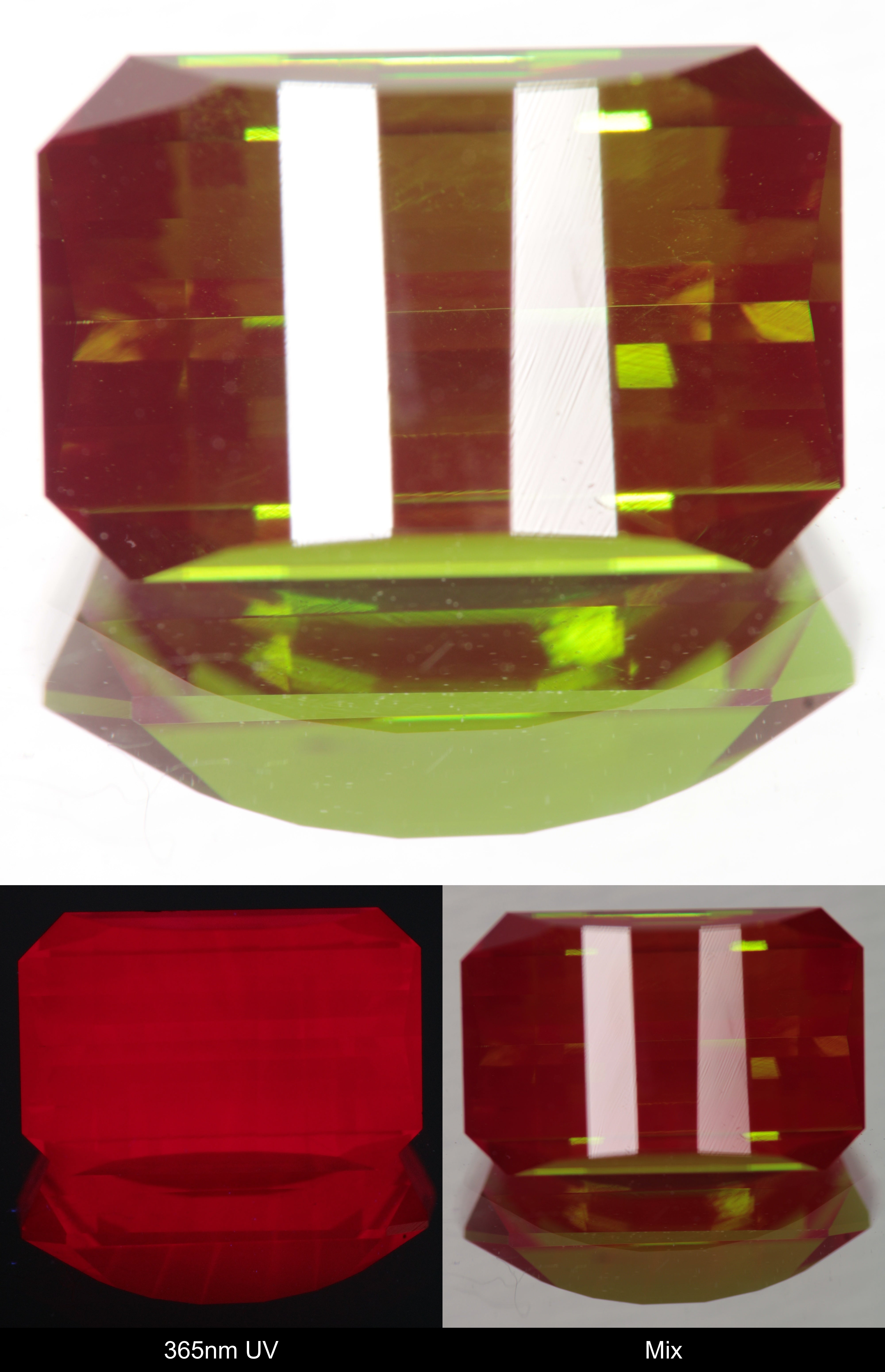 Green and Red Faceted Pixel Cut Christmas Garnet Gemstone shown under UV and Visible Light