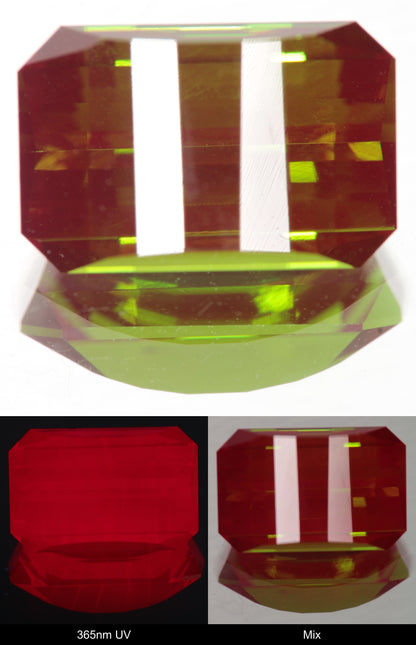 Green and Red Faceted Pixel Cut Christmas Garnet Gemstone shown under UV and Visible Light