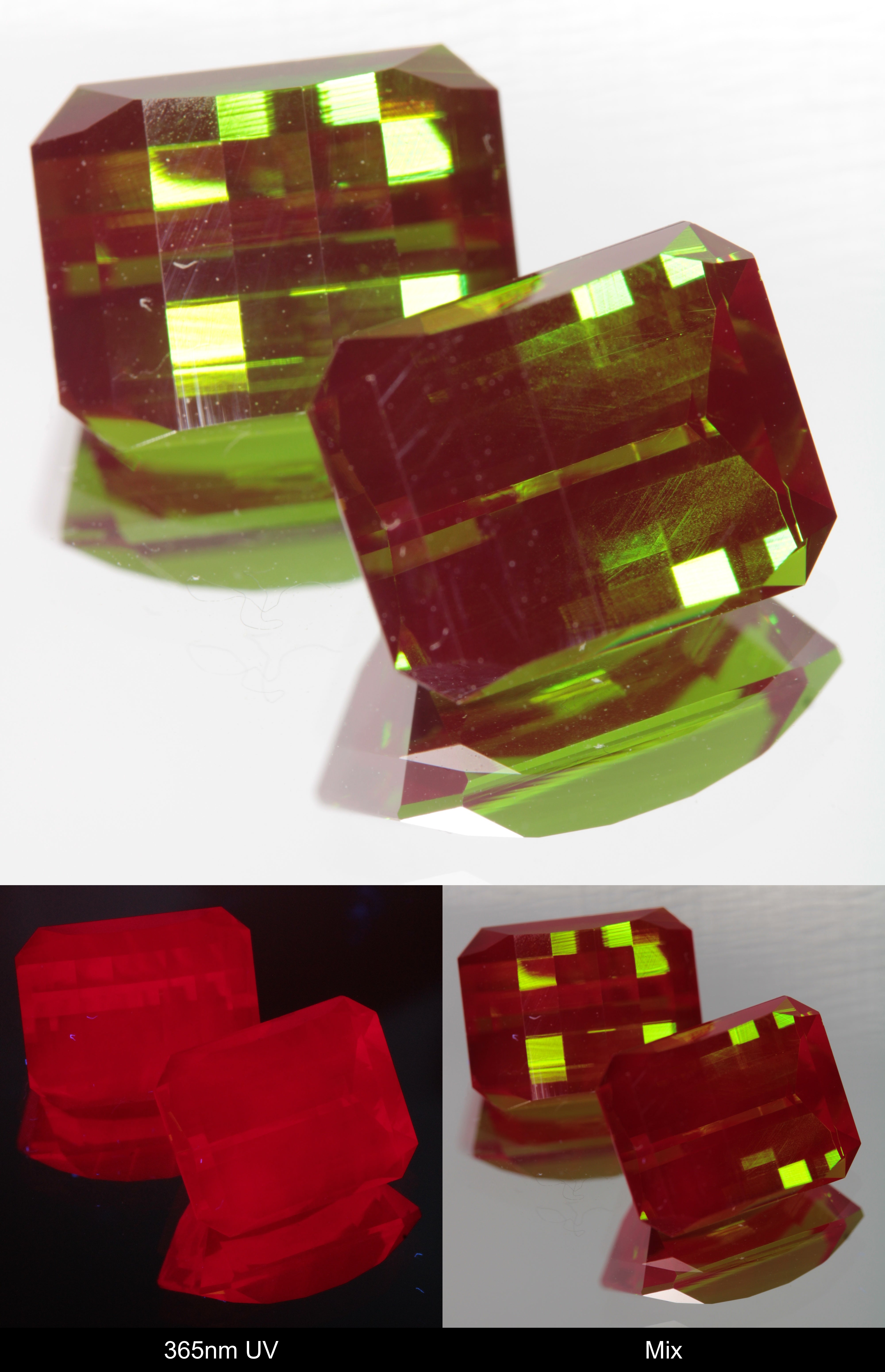 Green and Red Faceted Pixel Cut Christmas Garnet Gemstone shown under UV and Visible Light