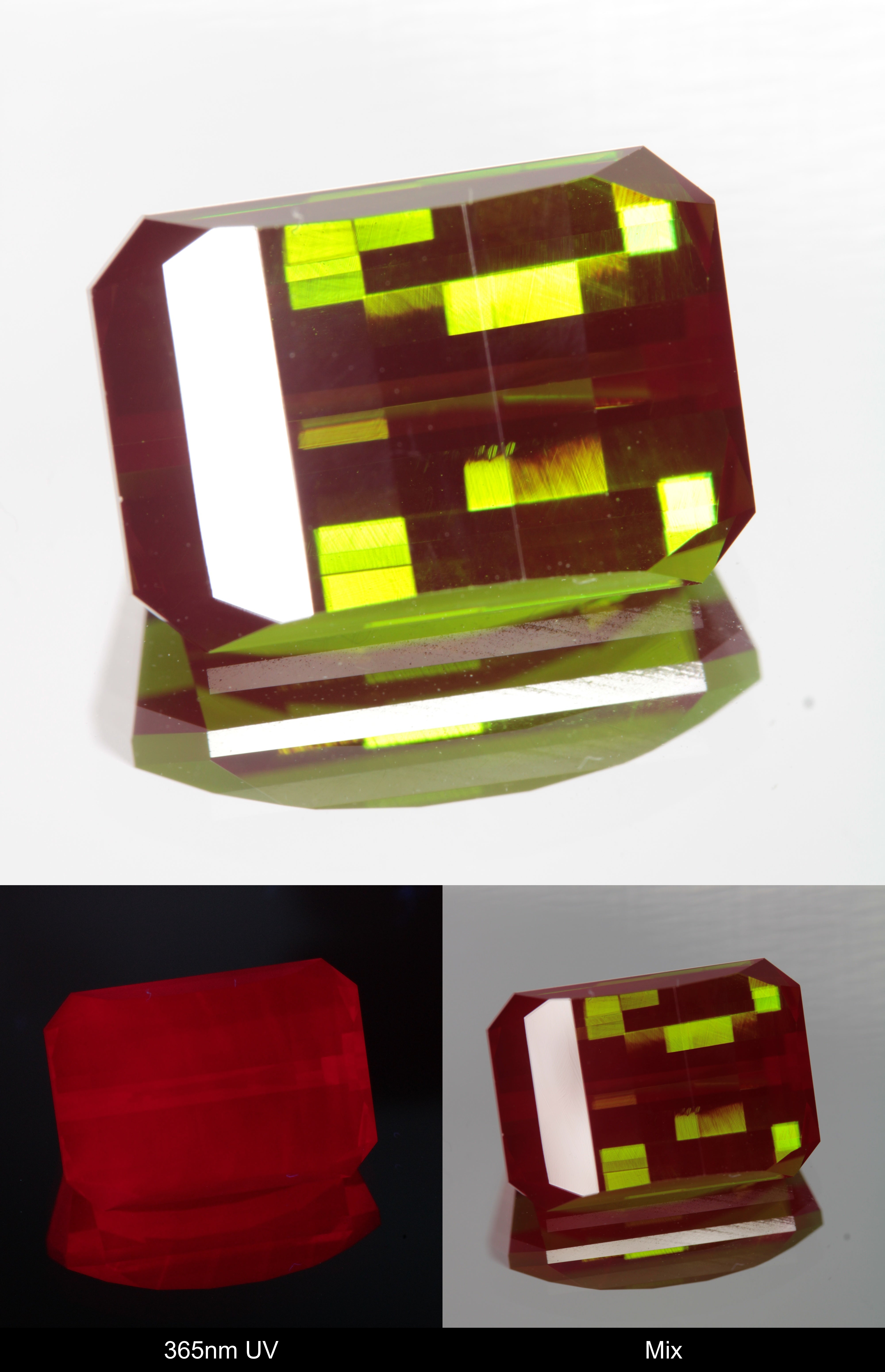 Green and Red Faceted Pixel Cut Christmas Garnet Gemstone shown under UV and Visible Light
