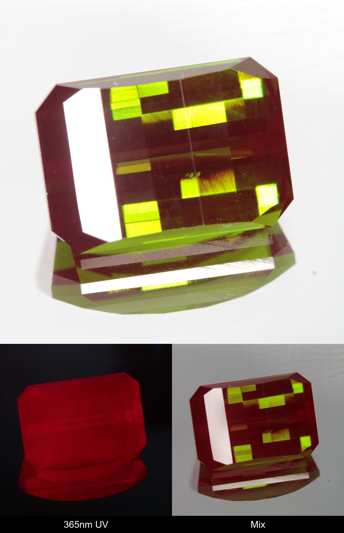 Green and Red Faceted Pixel Cut Christmas Garnet Gemstone shown under UV and Visible Light