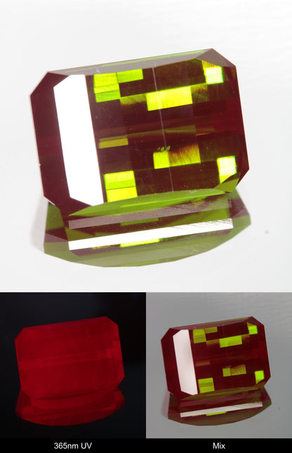 Green and Red Faceted Pixel Cut Christmas Garnet Gemstone shown under UV and Visible Light